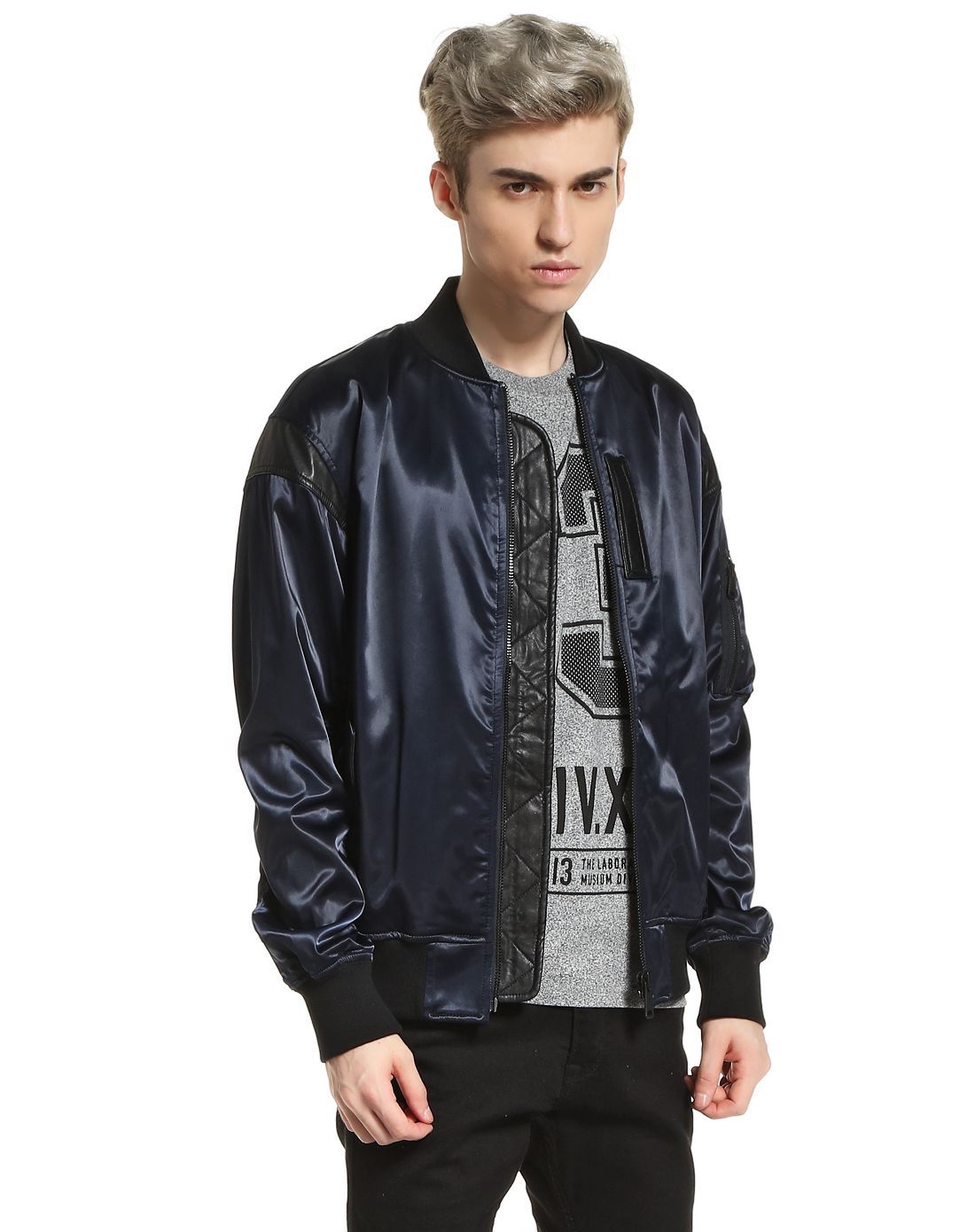 izzue柔软舒适 男款深蓝色长袖拉链外套 街头拼接