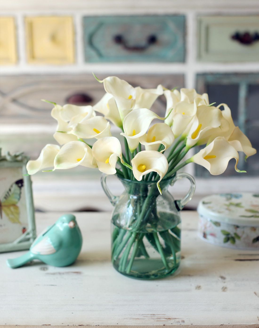 带花香pu手感白色马蹄莲 手工玻璃花瓶套装