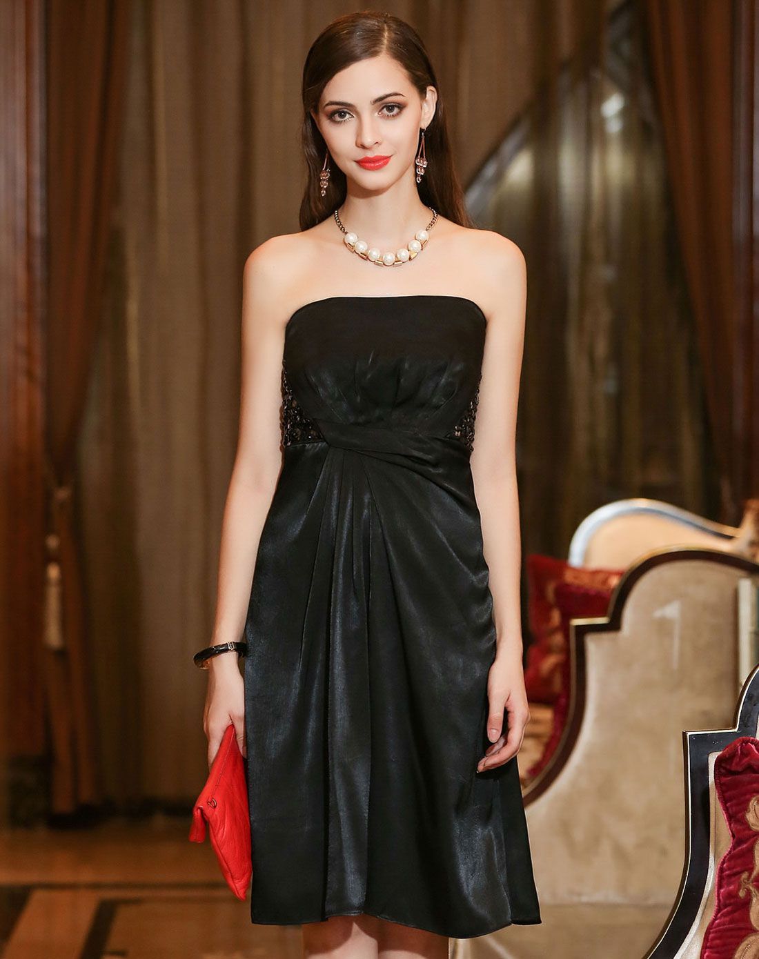 nysense&evona法国轻奢女装黑色高端优雅订珠抹胸晚装连衣裙en68745.