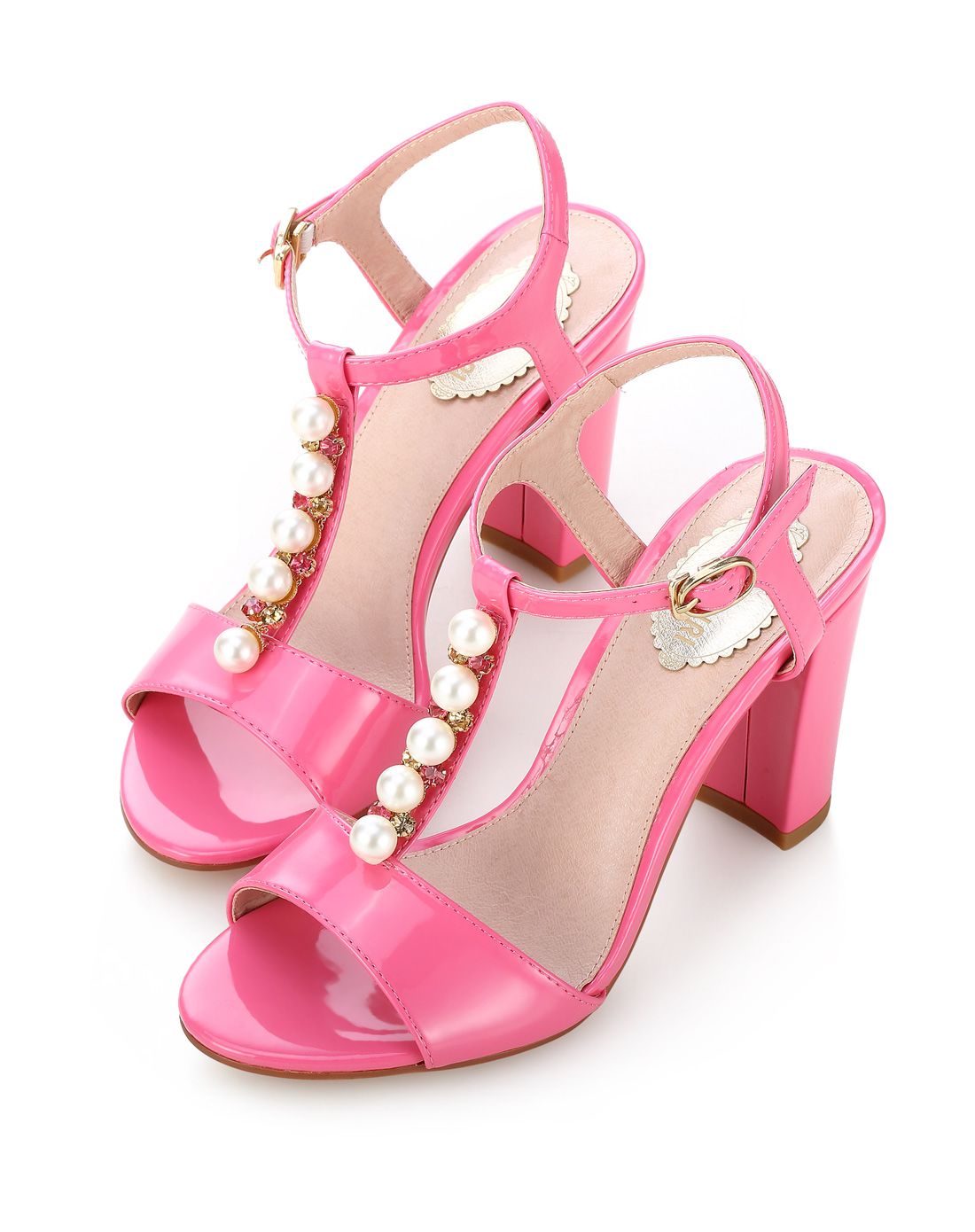 水粉色-简约水钻t字带粗跟凉鞋