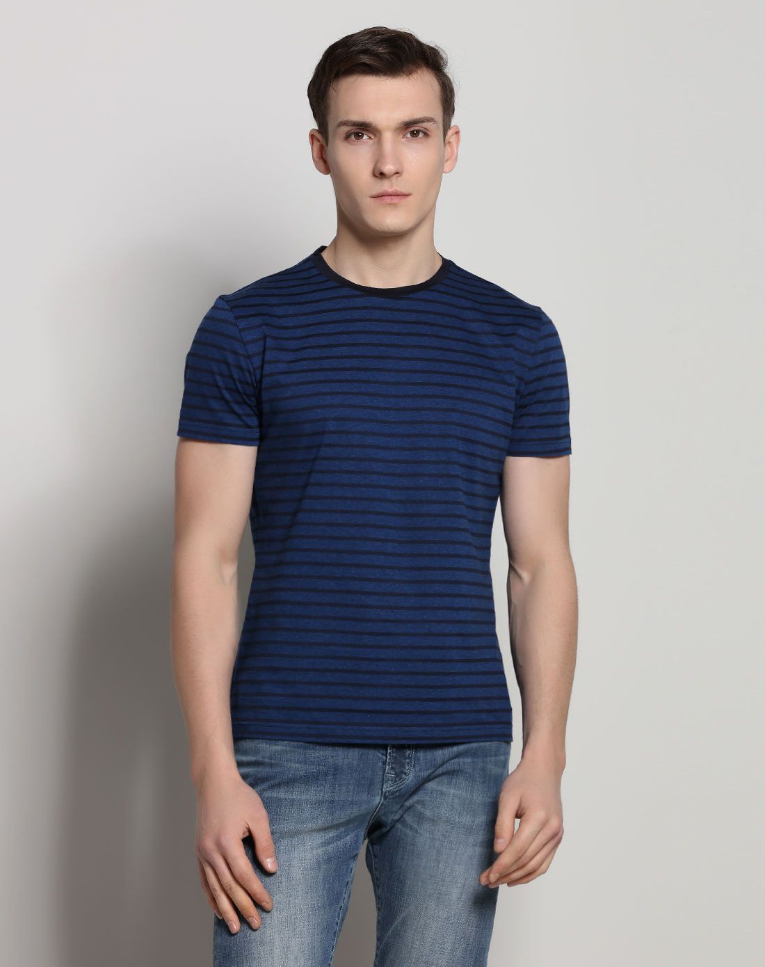 深蓝色全棉圆领修身条纹短袖t恤