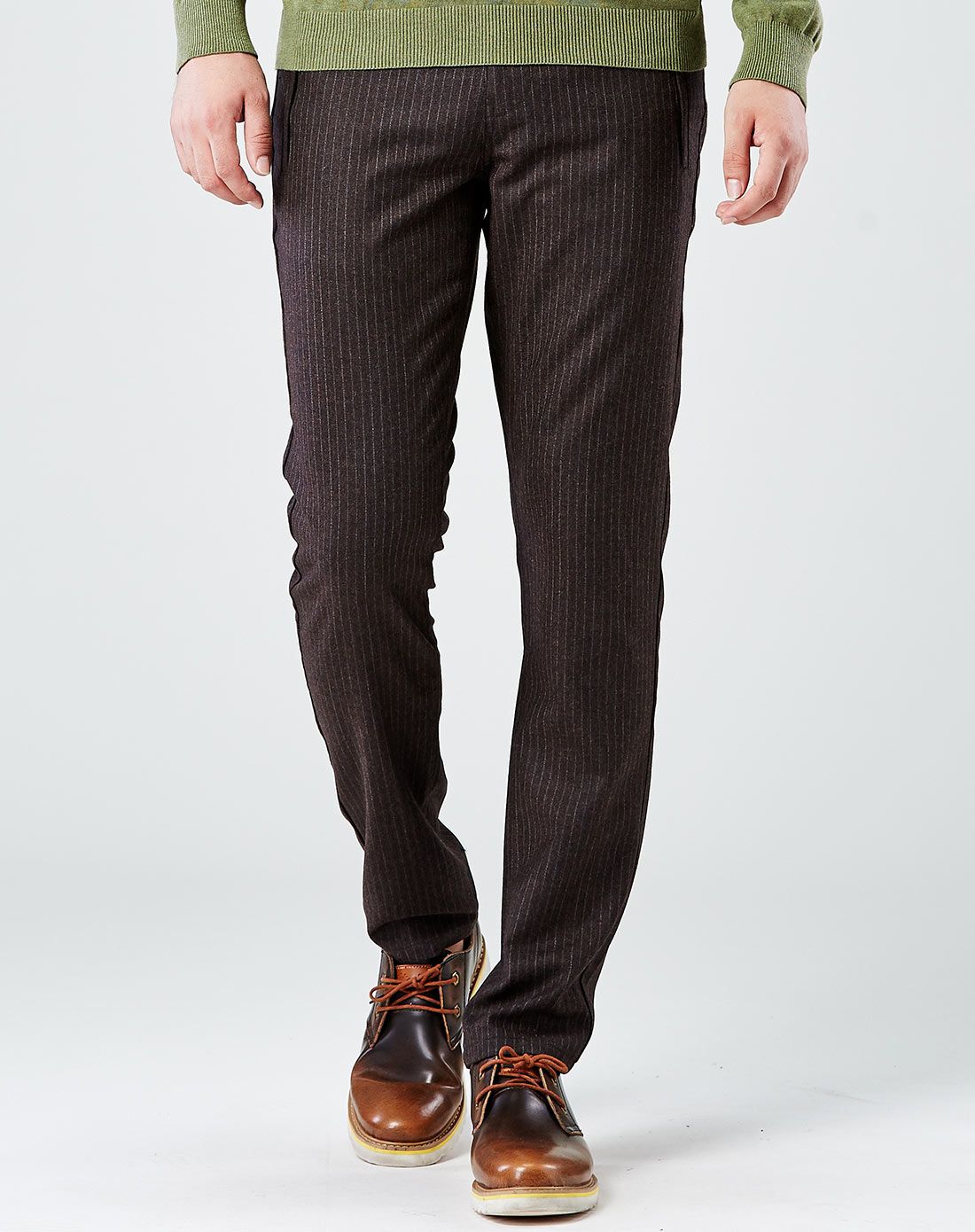 男士松紧腰修身条纹毛呢裤