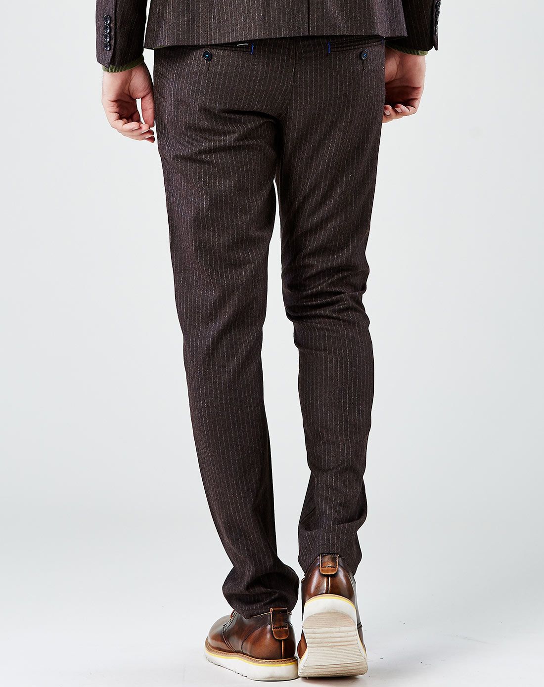 男士松紧腰修身条纹毛呢裤