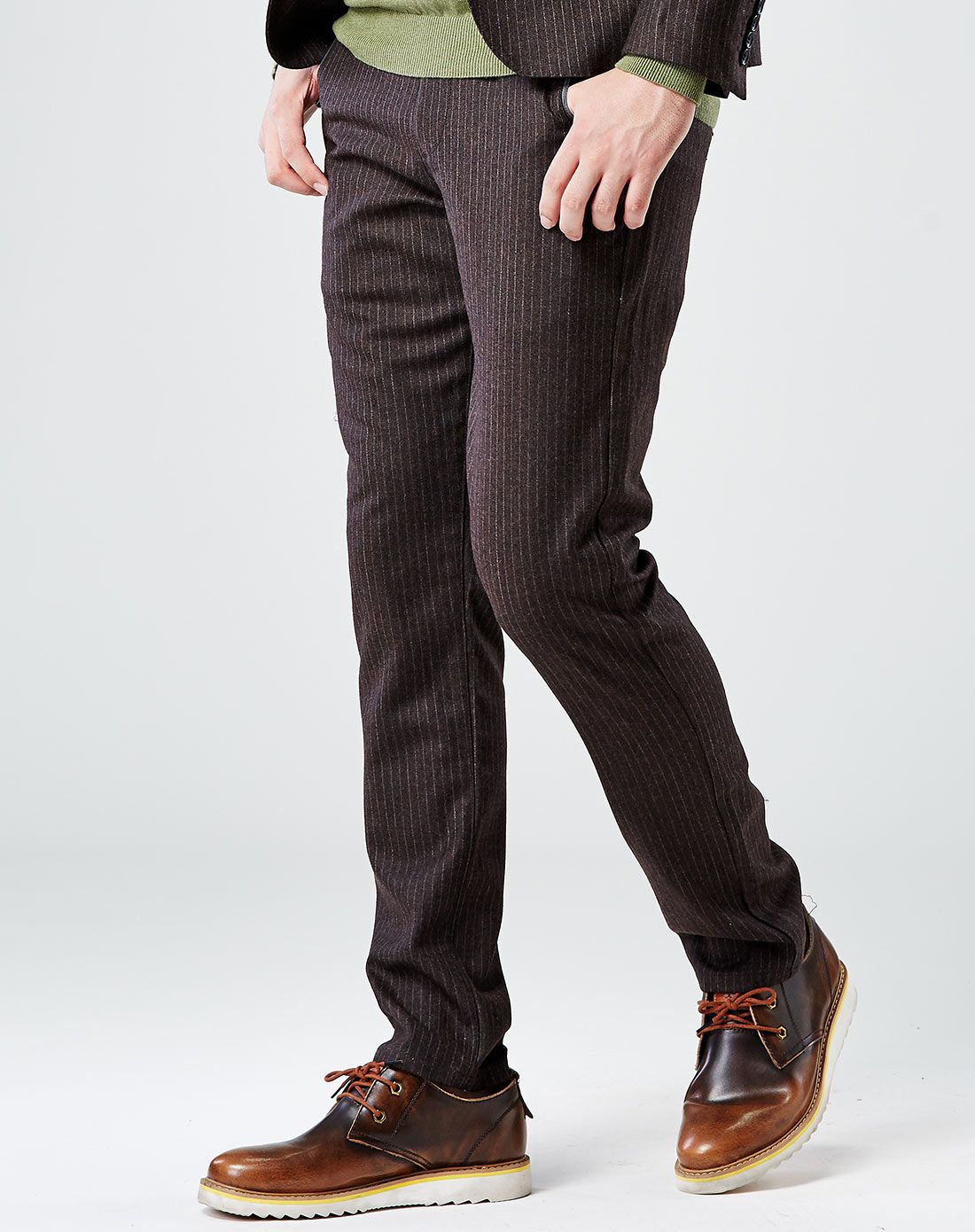 男士松紧腰修身条纹毛呢裤