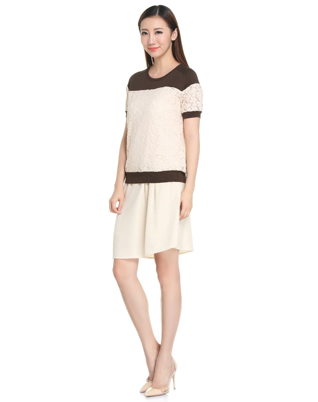 莱姿rojrover墨绿/米色拼接舒适短袖针织衫sfq2204df_唯品会