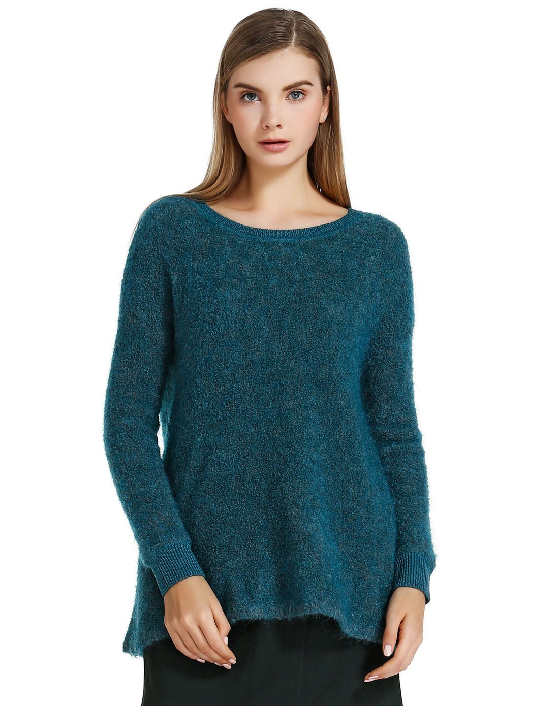 深翠绿色圆领简约休闲长袖针织衫