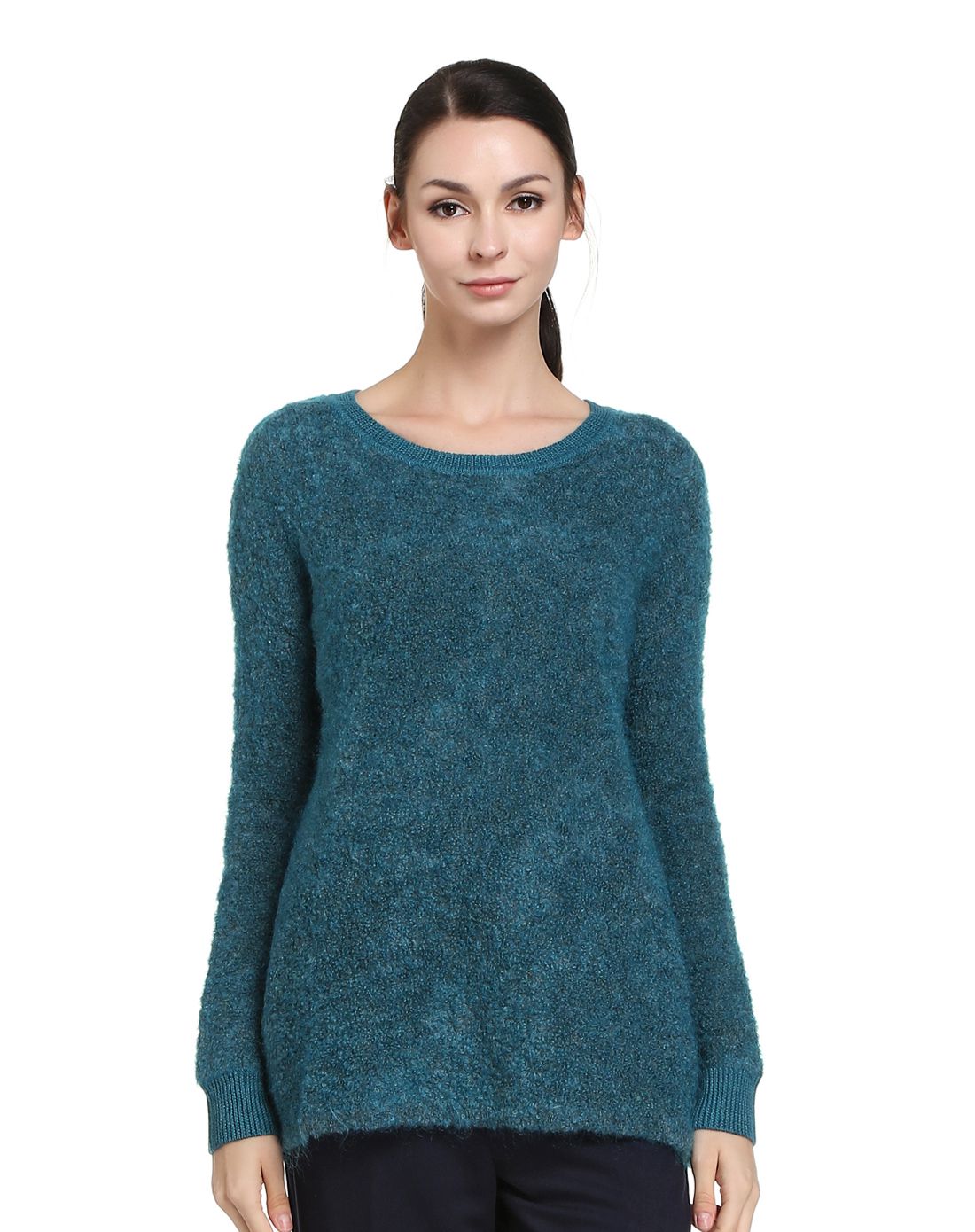 深翠绿色圆领简约休闲长袖针织衫