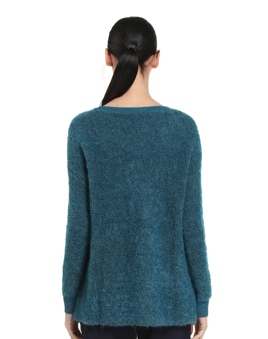 深翠绿色圆领简约休闲长袖针织衫