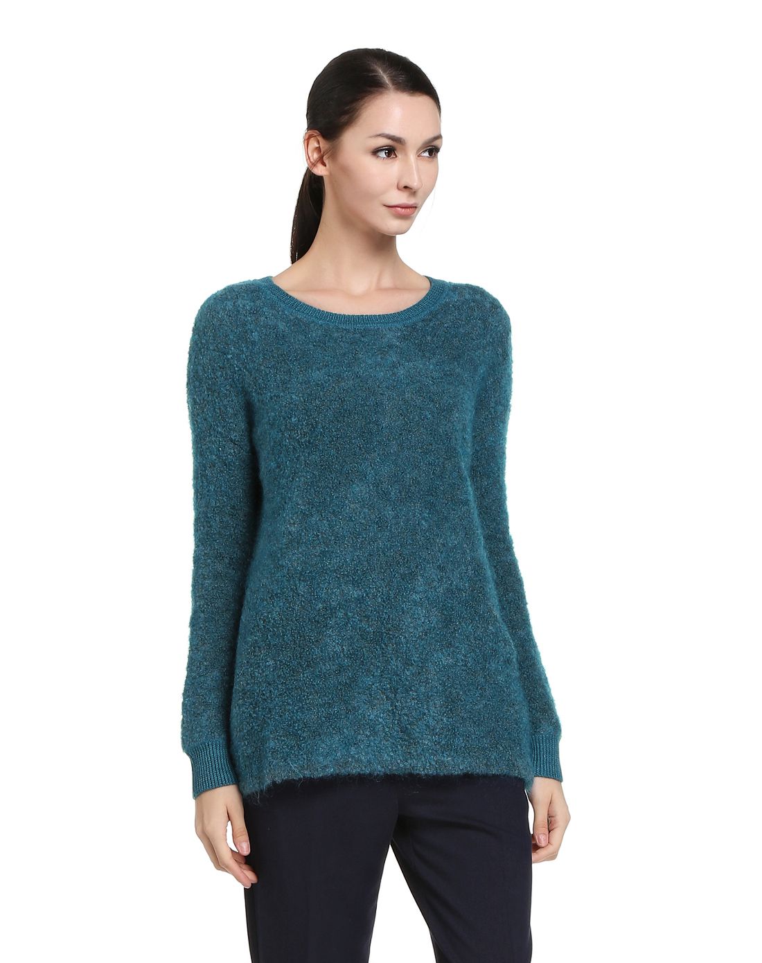 深翠绿色圆领简约休闲长袖针织衫