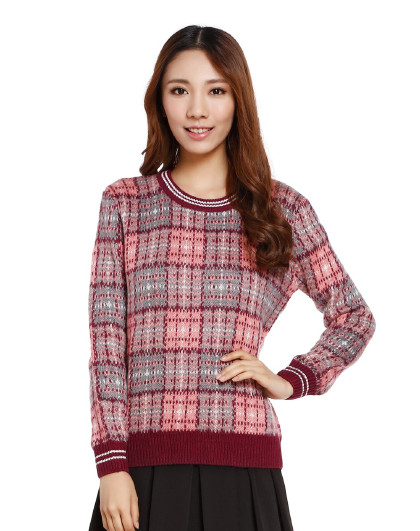 森马春秋装女士圆领套头复古格纹提花宽松毛衫毛衣针织衫红白色调
