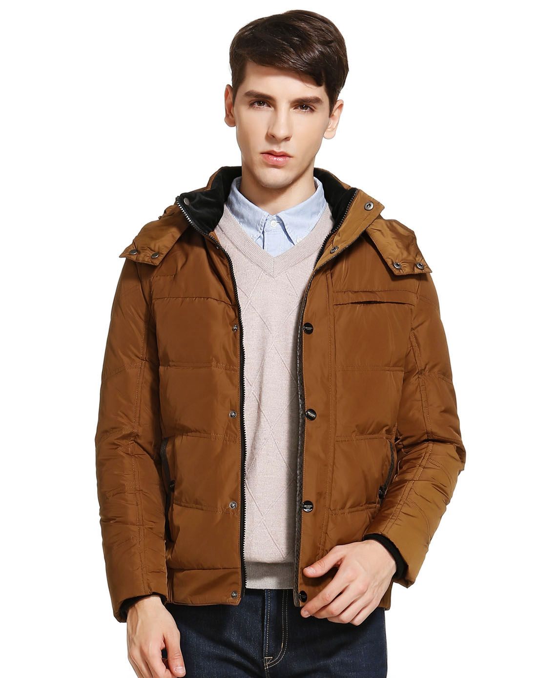 男款棕色连帽帅气斯文长袖羽绒服