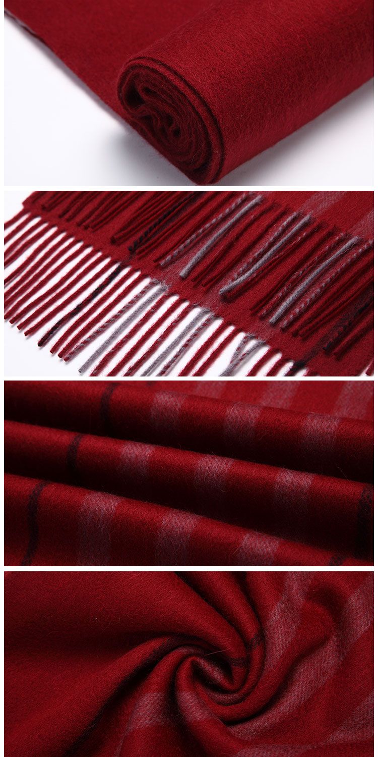 酒红色拼色条纹羊绒围巾
