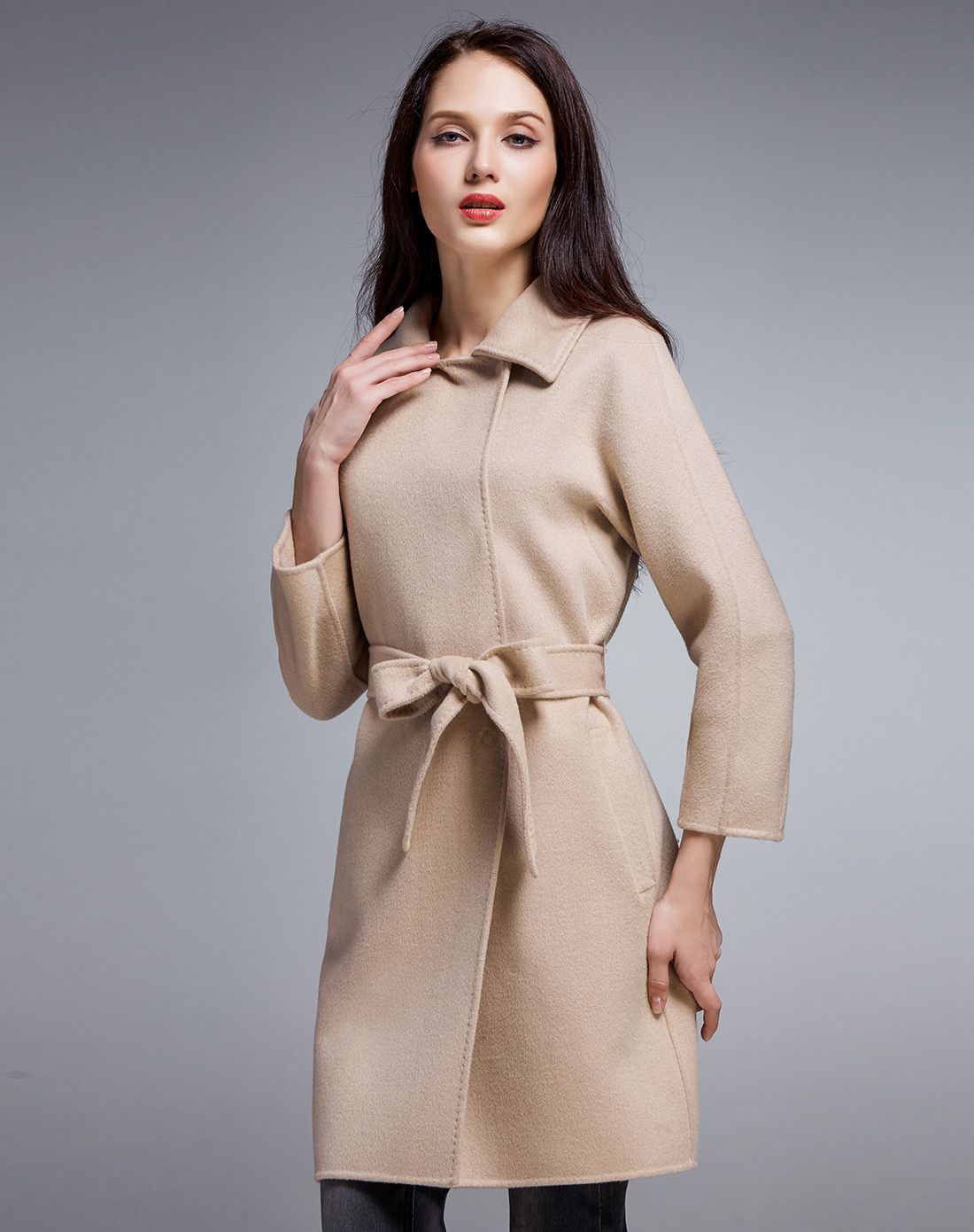 藕色休闲百搭欧美收腰双面毛呢大衣