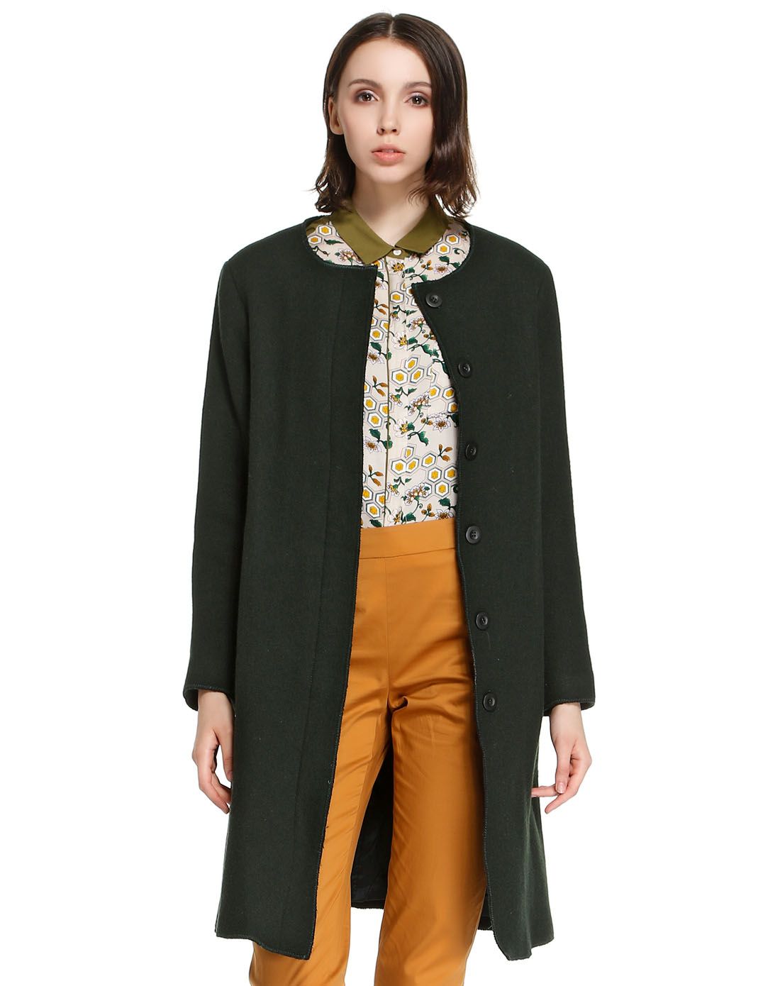 深墨绿色圆领典雅长款长袖大衣