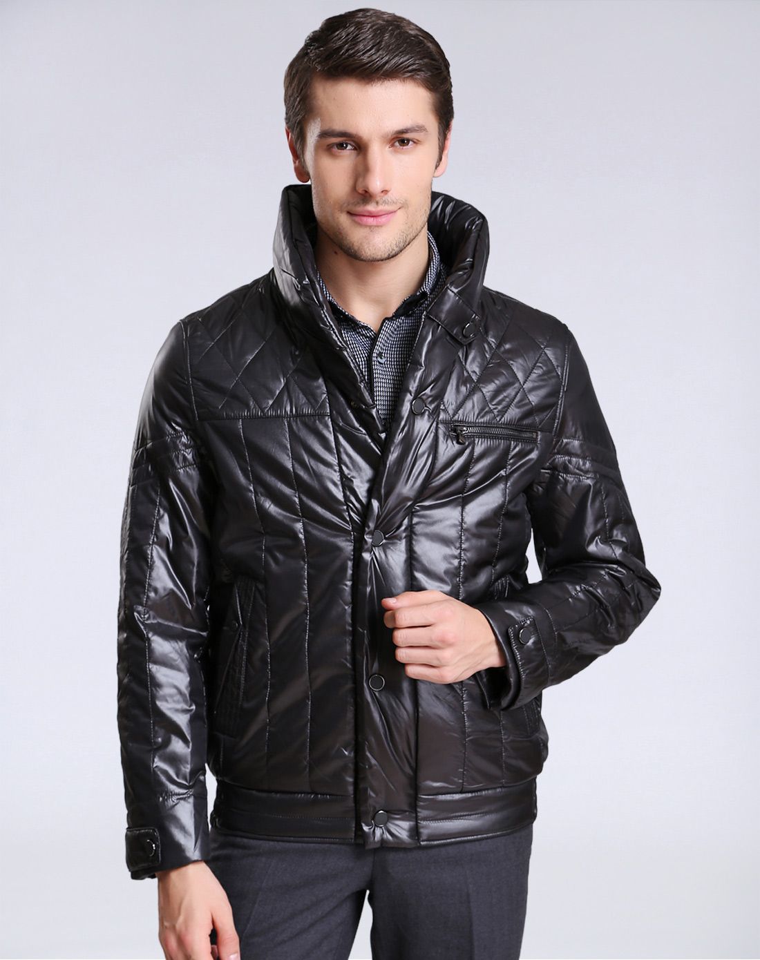 baniss男装专场 晶黑色时尚青果立领舒适帅气酷派棉茄克