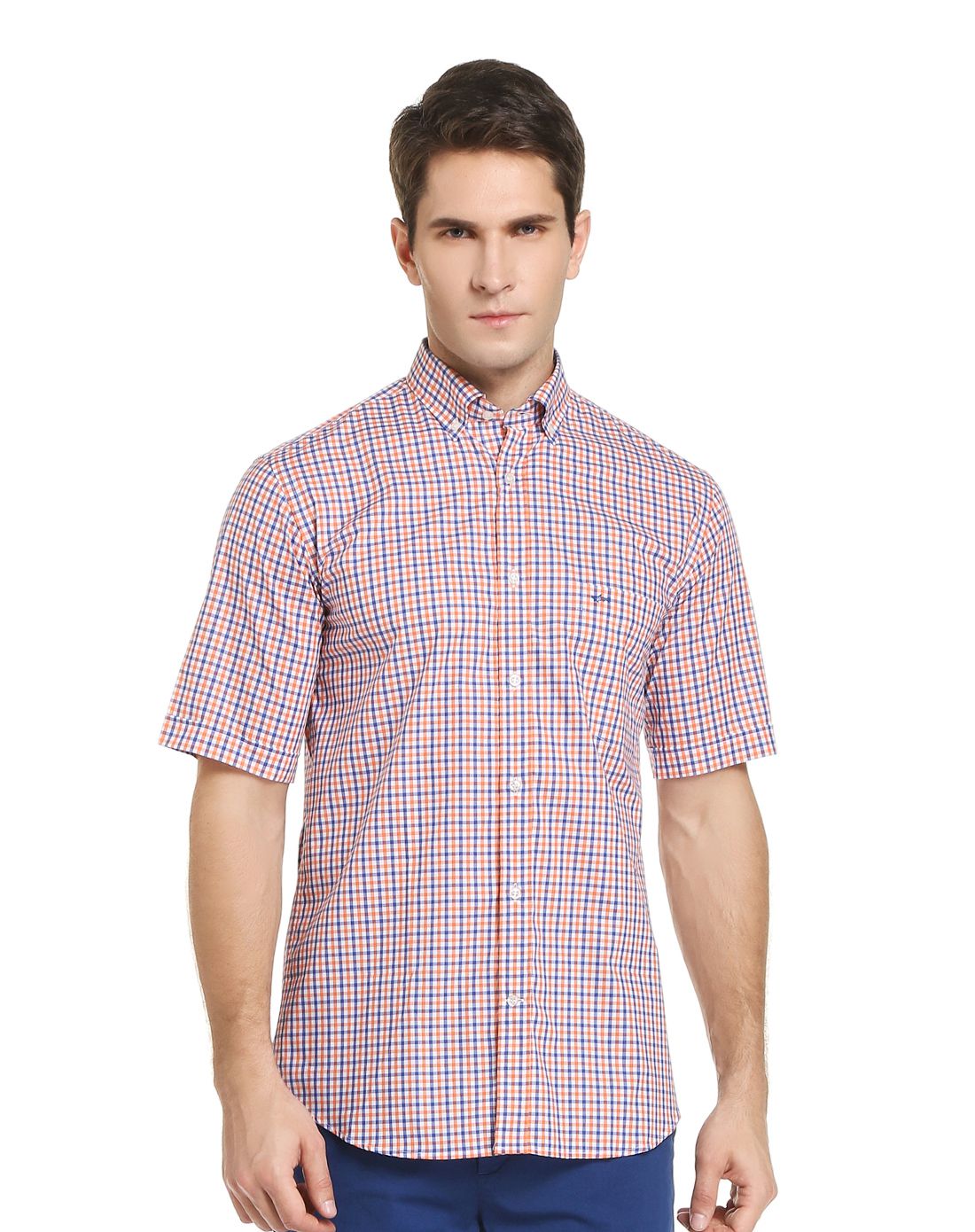 paul&shark男款橙/蓝色格子logo刺绣衬衫