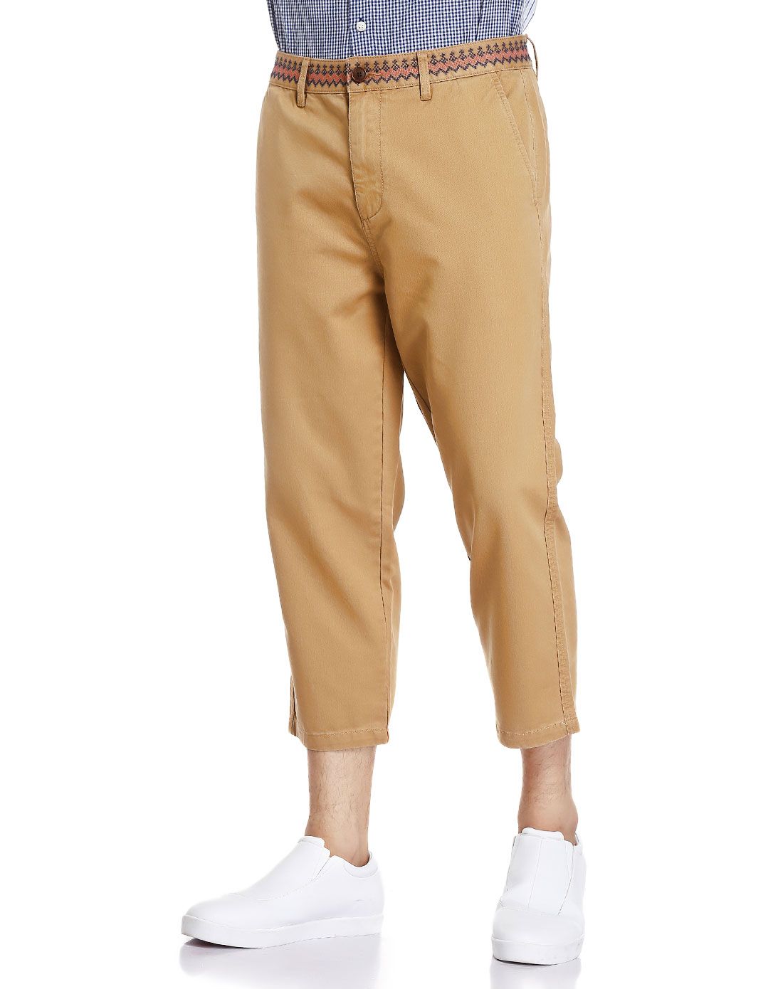 卡其啡色绣花腰头时尚裤子