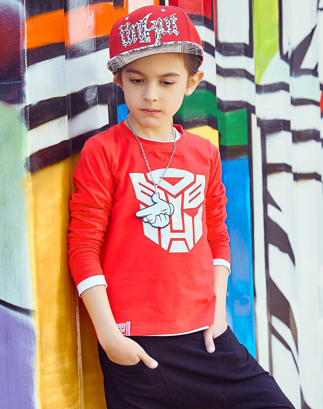 变形金刚 男童大红色长袖t恤