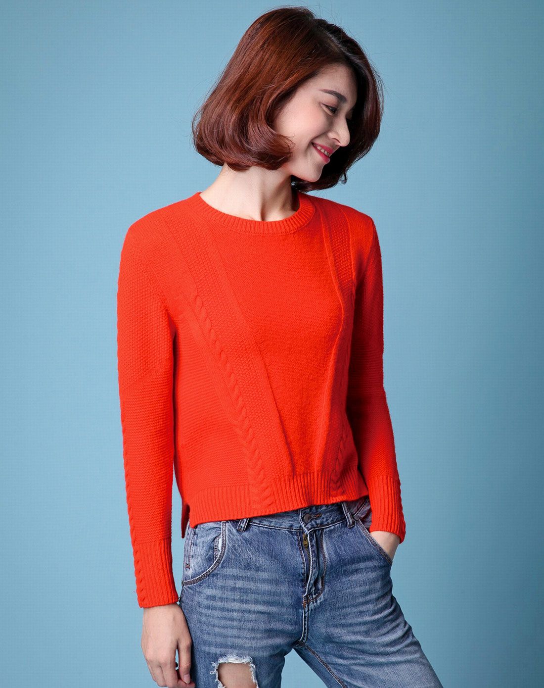 乔伊思橘红色圆领前片大v绞花含羊绒长袖毛衣w54889723_唯品会
