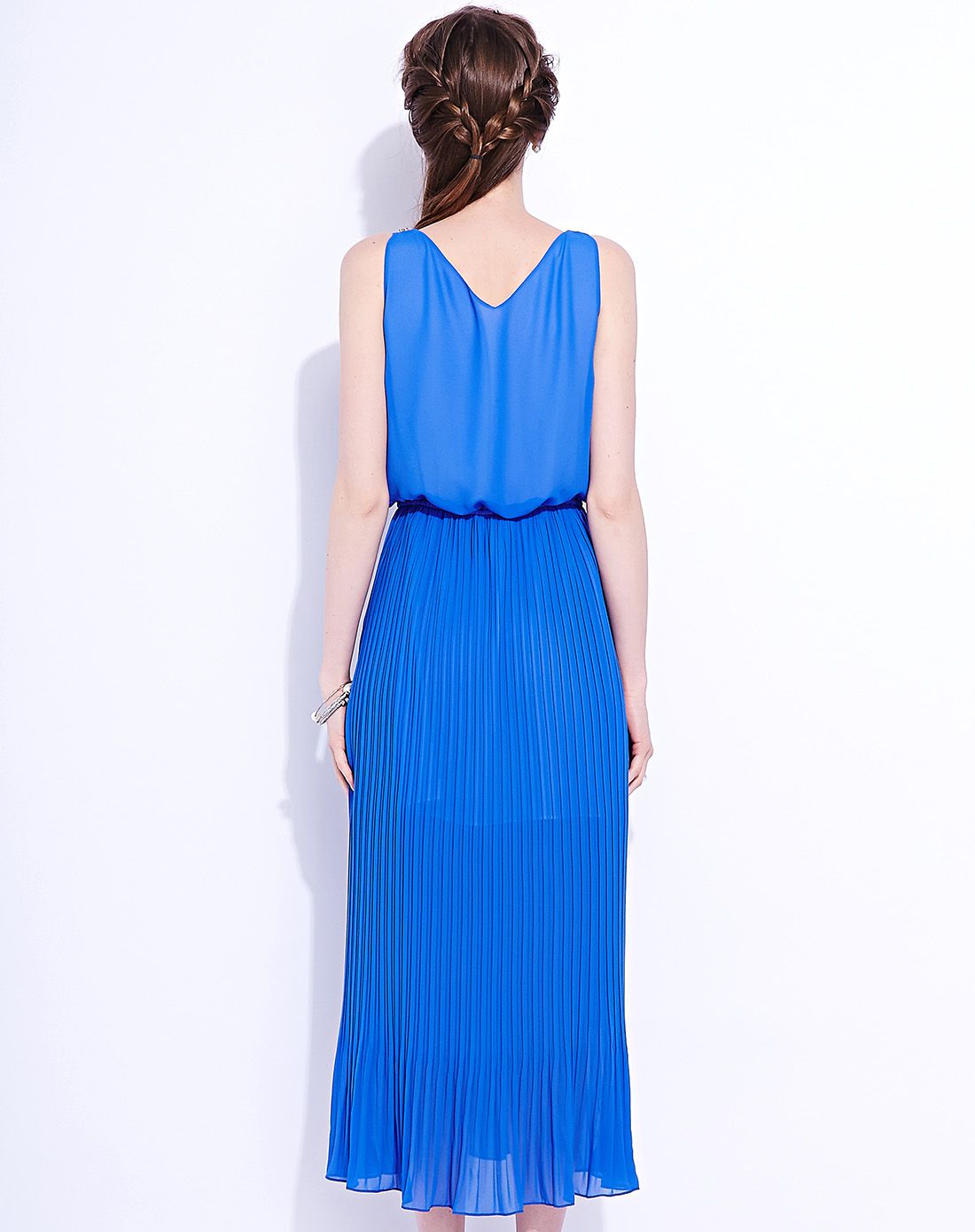 女款宝蓝色圆领百褶无袖长款连衣裙