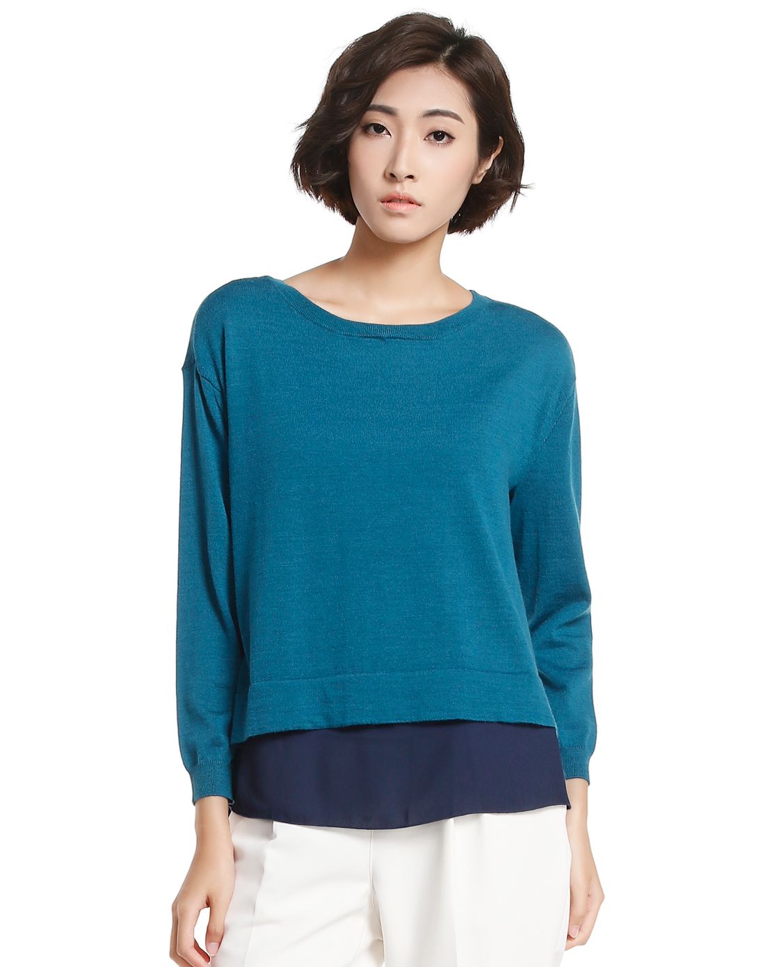 女款湖蓝/深蓝色时尚两件套长袖上衣