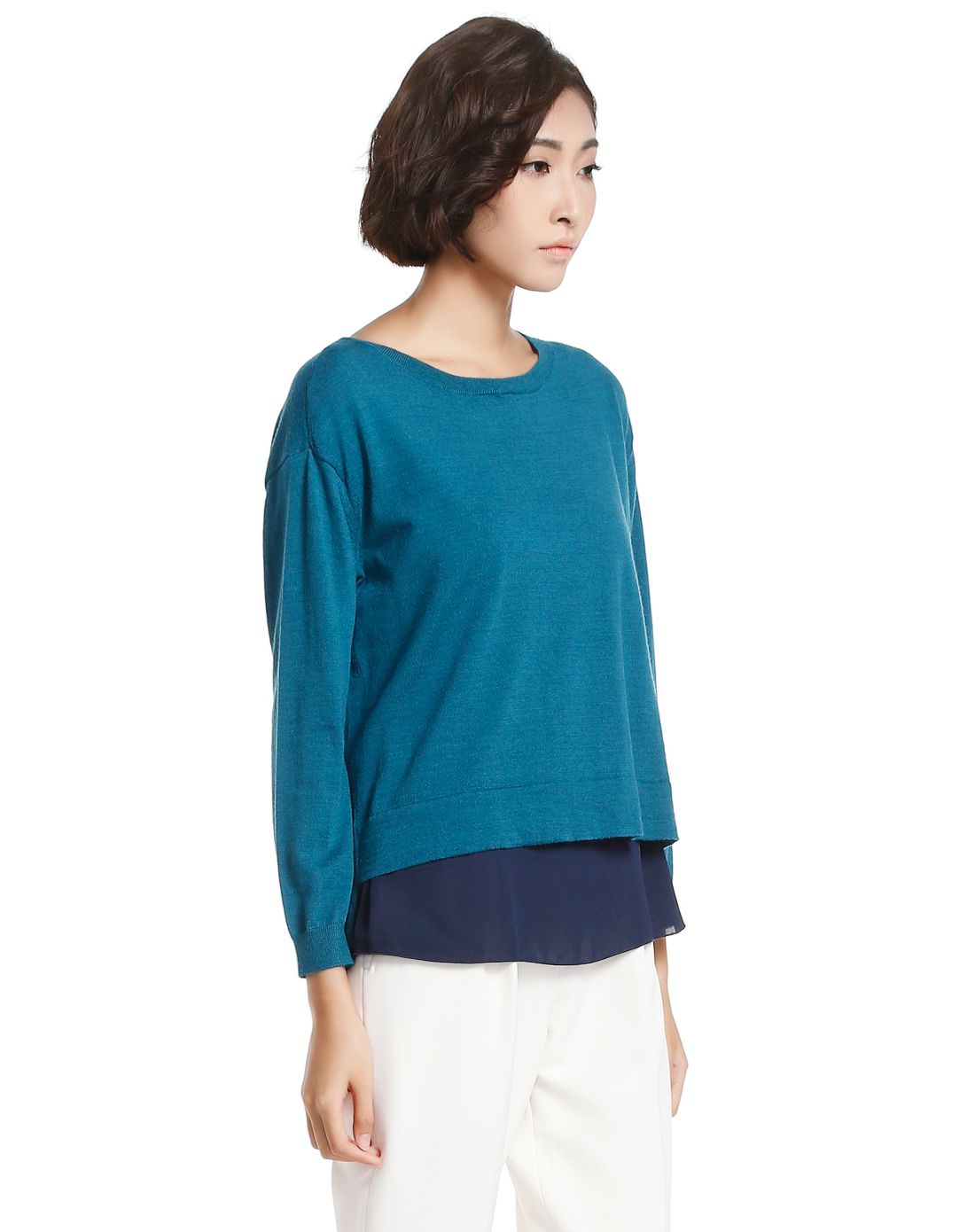 女款湖蓝/深蓝色时尚两件套长袖上衣