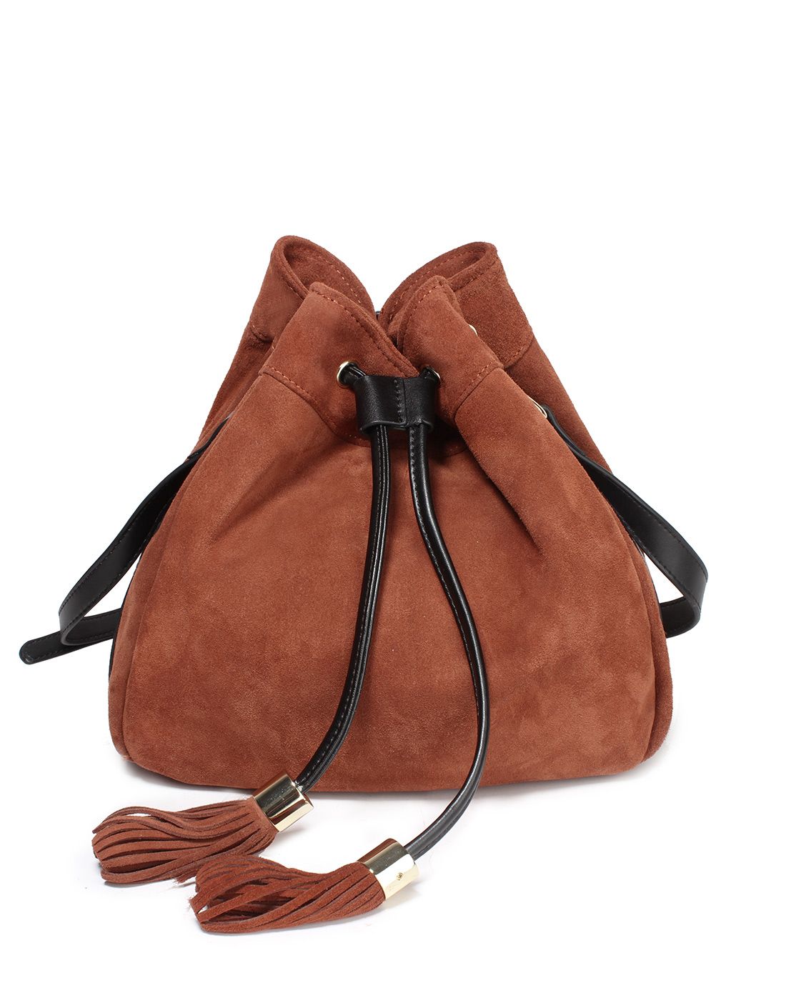 咖啡色磨砂牛皮流苏水桶包