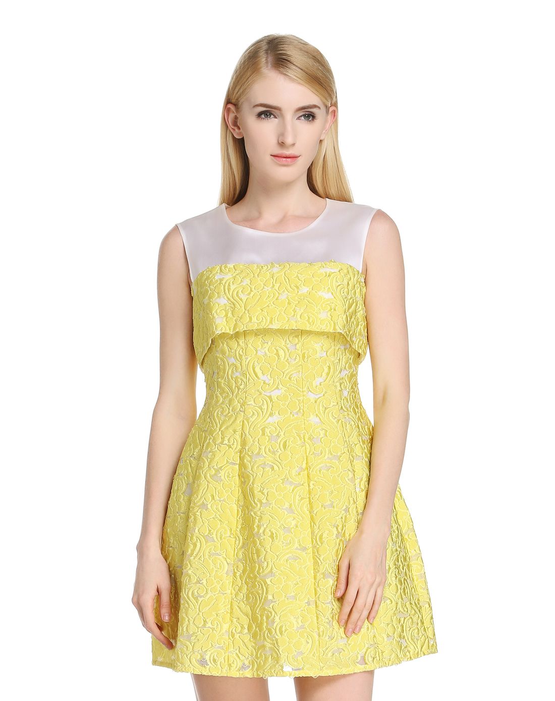 洛瑞琳2019春夏新品甜美拼接无袖连衣裙女