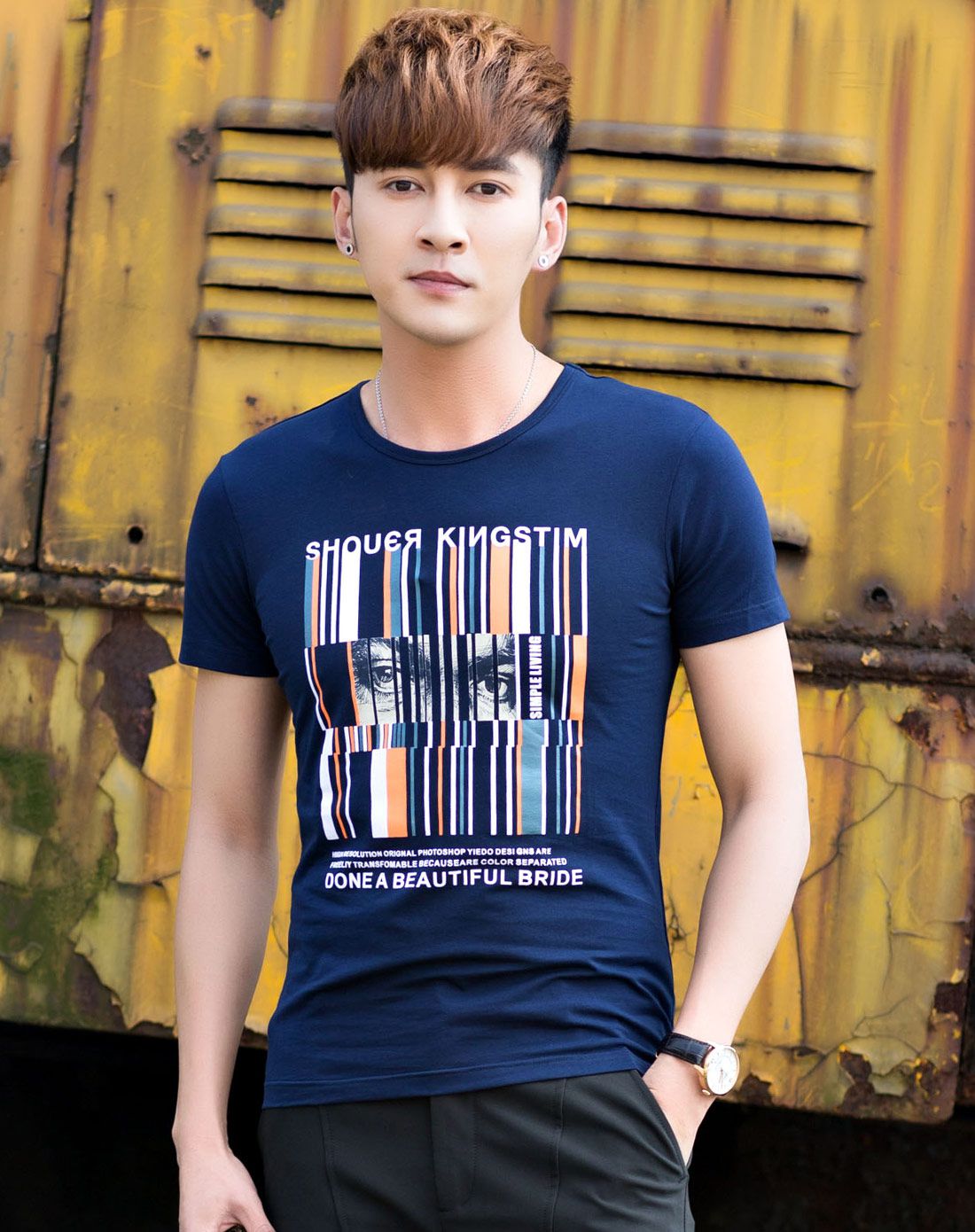 no1dara藏青线条人物印花短袖t恤tx6210411325_唯品会