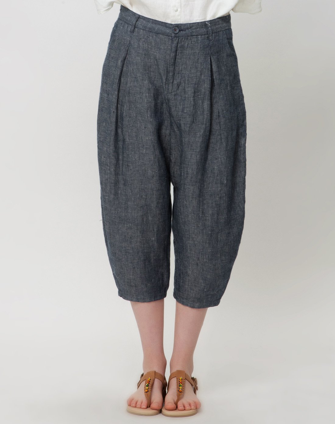 女款黛青纯亚麻休闲垮裤