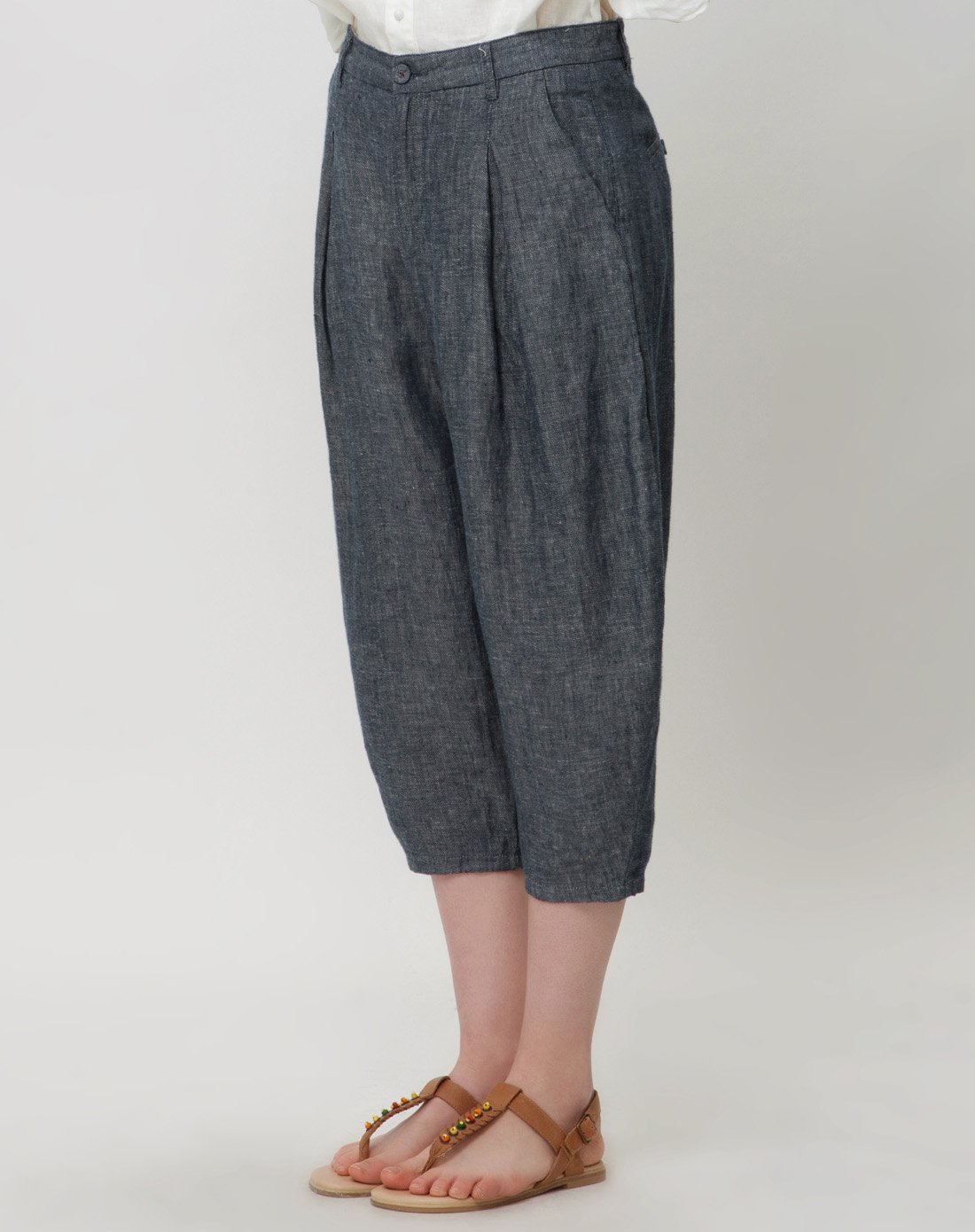 女款黛青纯亚麻休闲垮裤