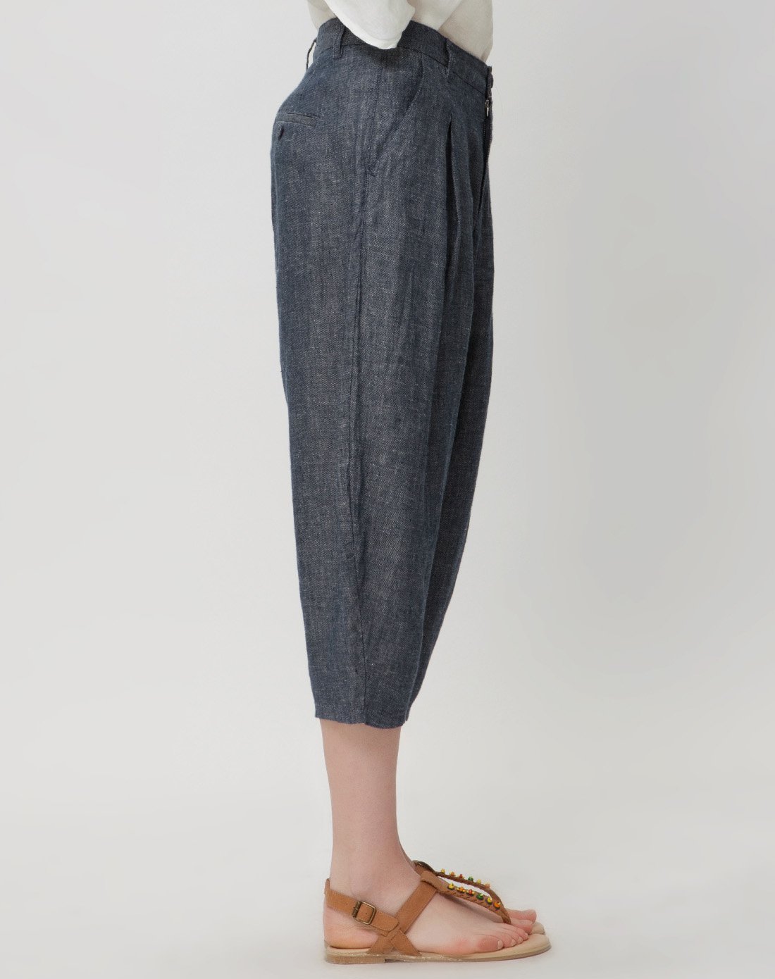 女款黛青纯亚麻休闲垮裤