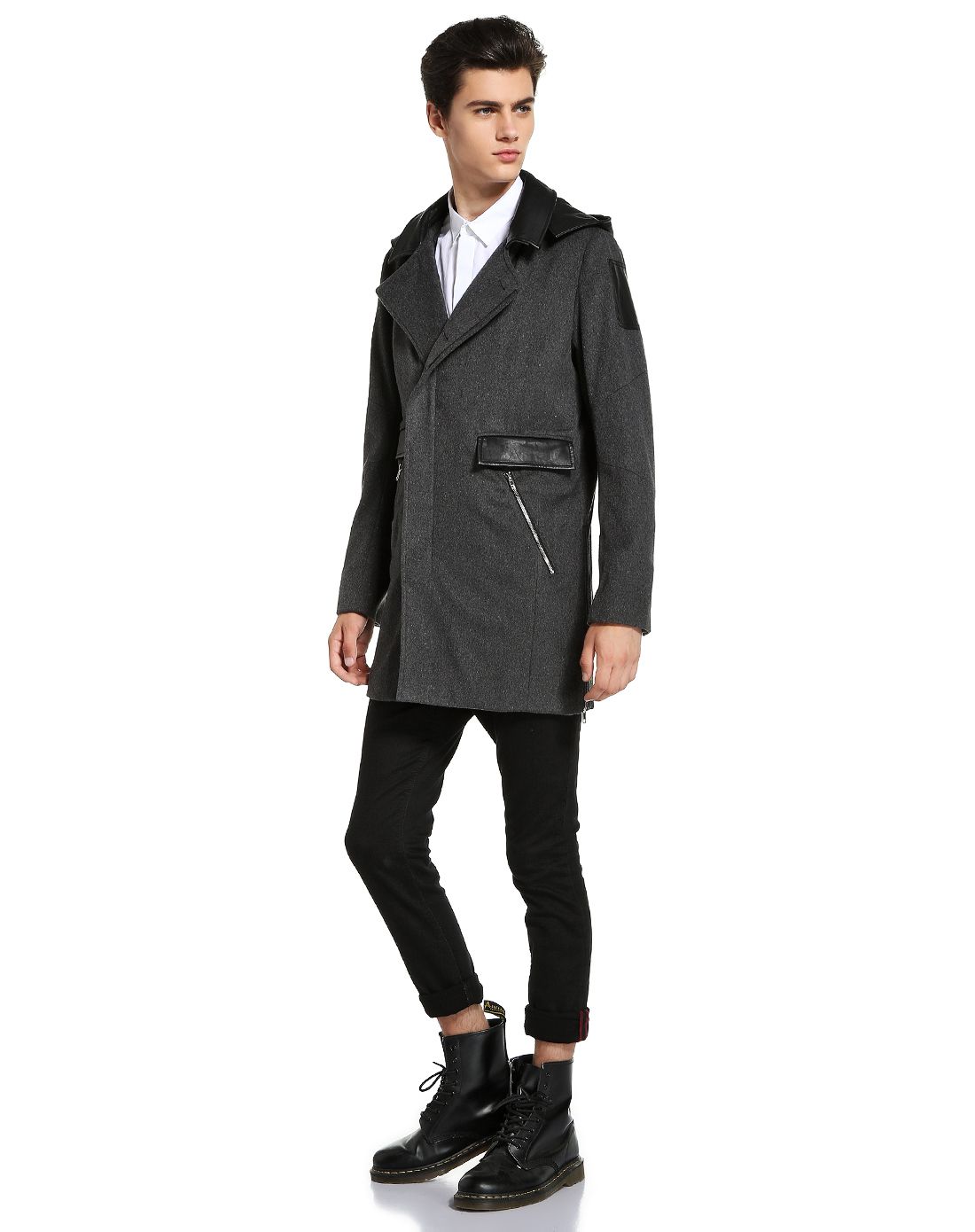 男款深灰色潇洒帅气连帽长袖大衣
