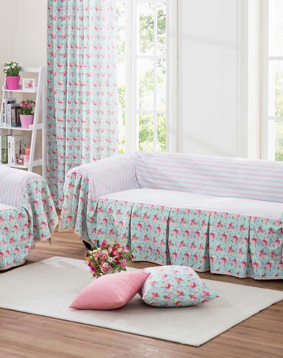 英式田园布艺加厚沙发盖巾 艾薇花园 简约条 180cm*200cm