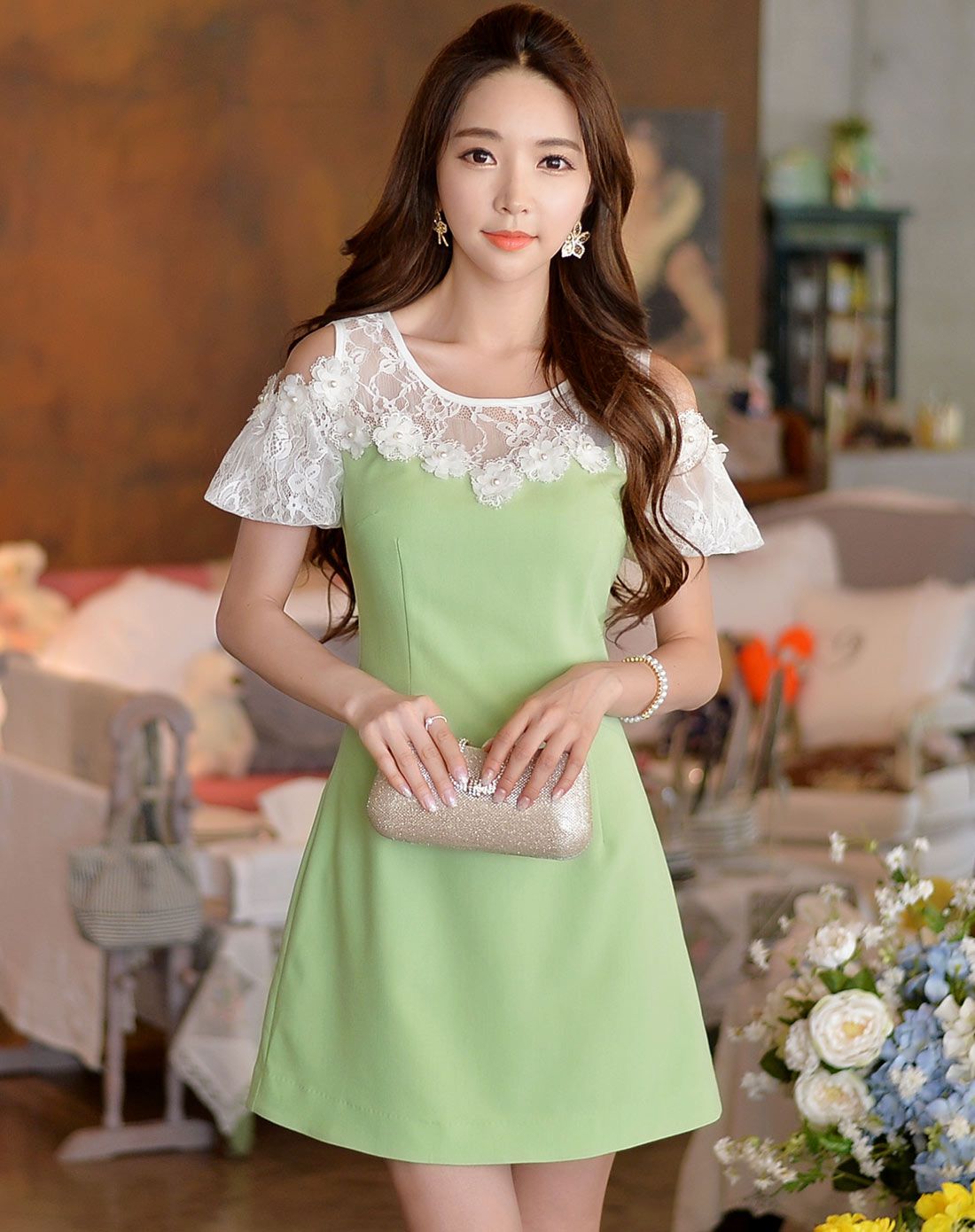 粉红大布娃娃dabuwawa女装连衣裙专场和田玉绿色拼色立体花朵连衣裙d