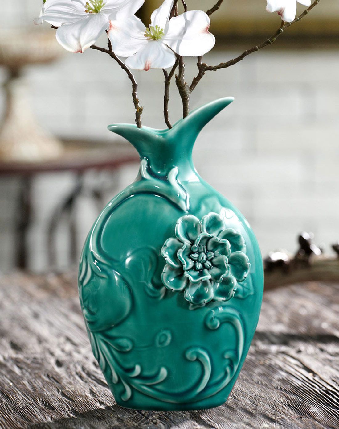 15*20cm欧式陶瓷浮雕手绘艺术花瓶(红蓝2色)