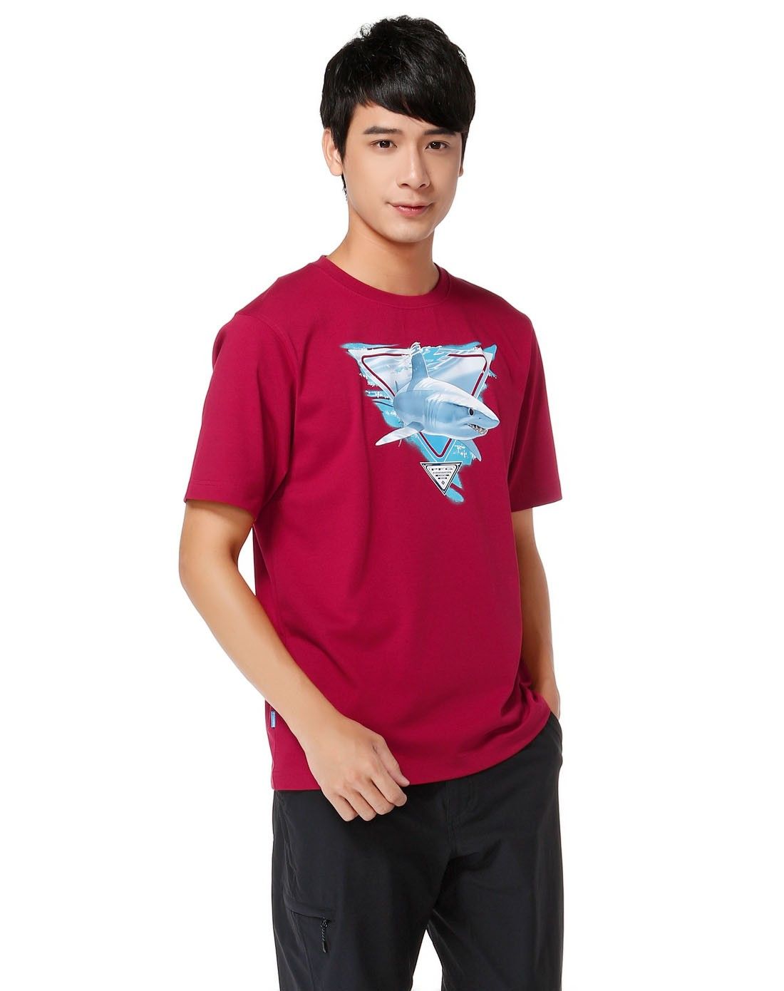 透湿舒适 男款深红色圆领短袖t恤 速干凉快