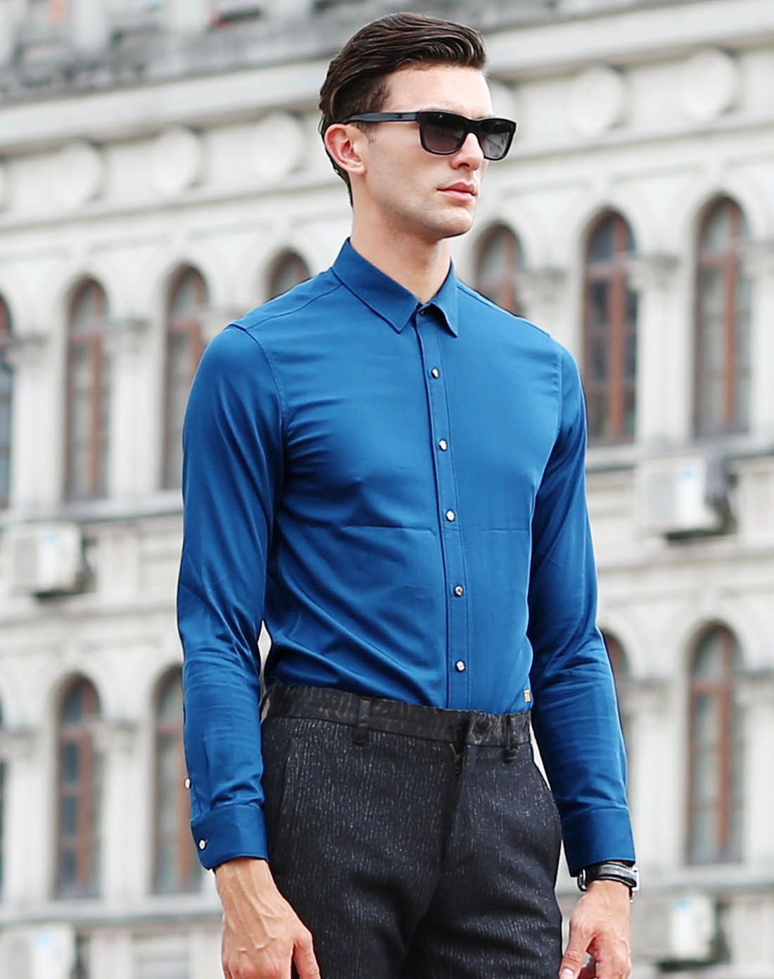 莫畏轻奢男士湖蓝色休闲商务长袖衬衫