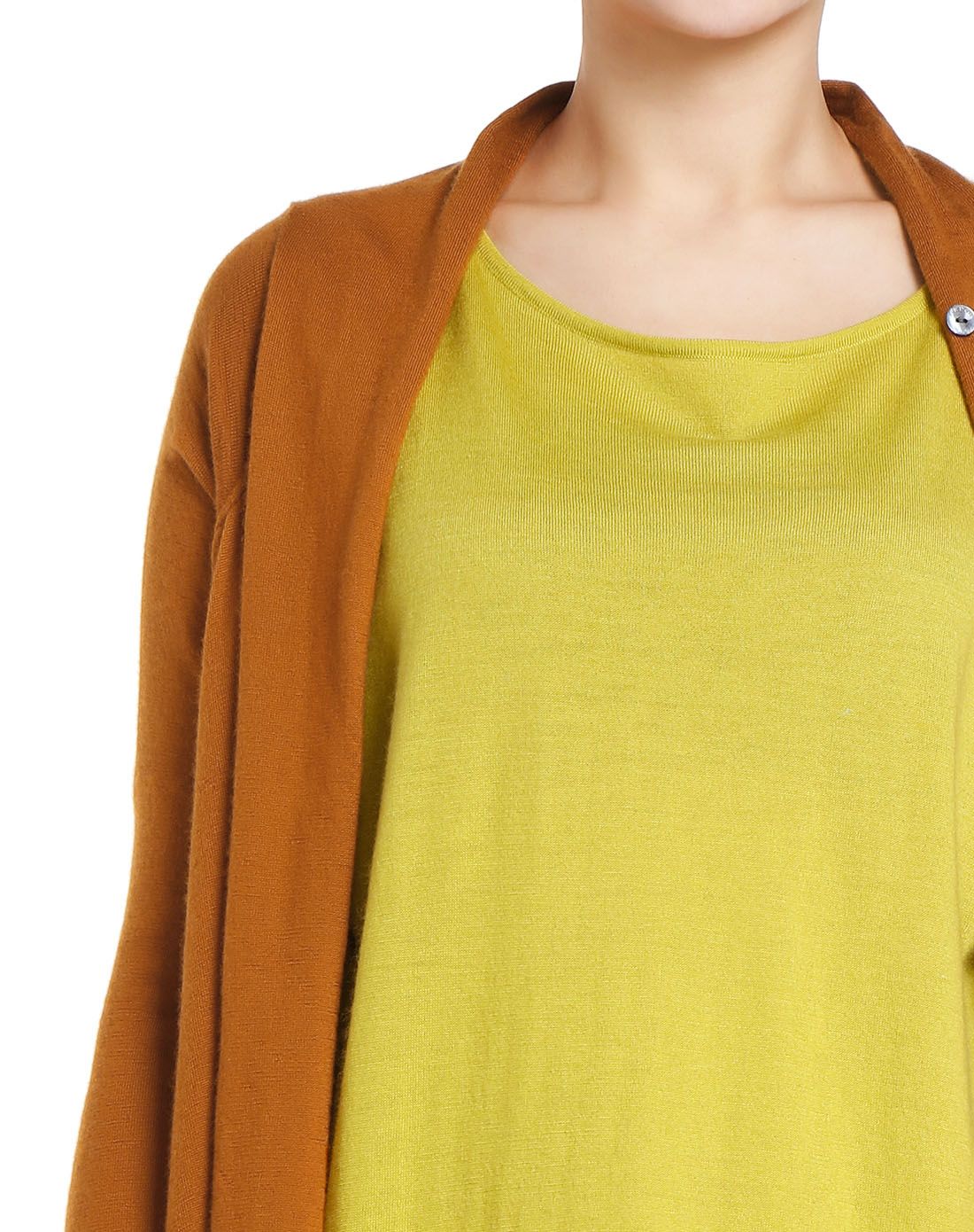 女款深桔黄色开襟长袖山羊绒衫