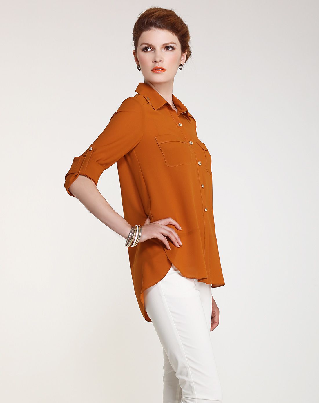 深桔黄色职业宽松时尚雪纺衬衫