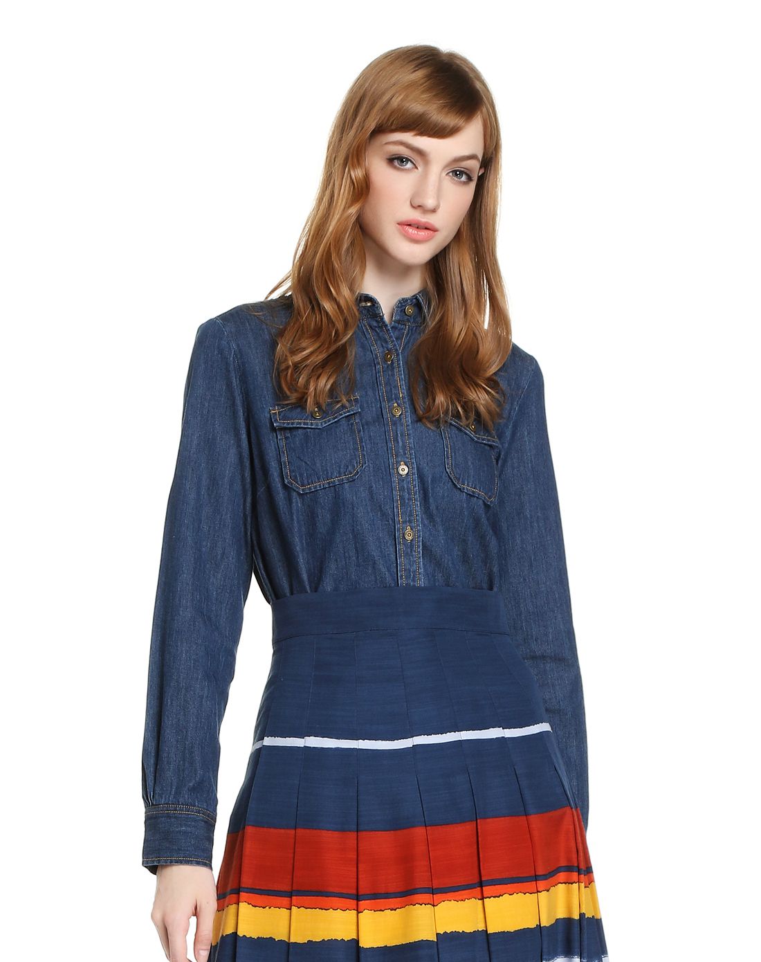 red fleece女款靛蓝色丹宁牛仔衬衫