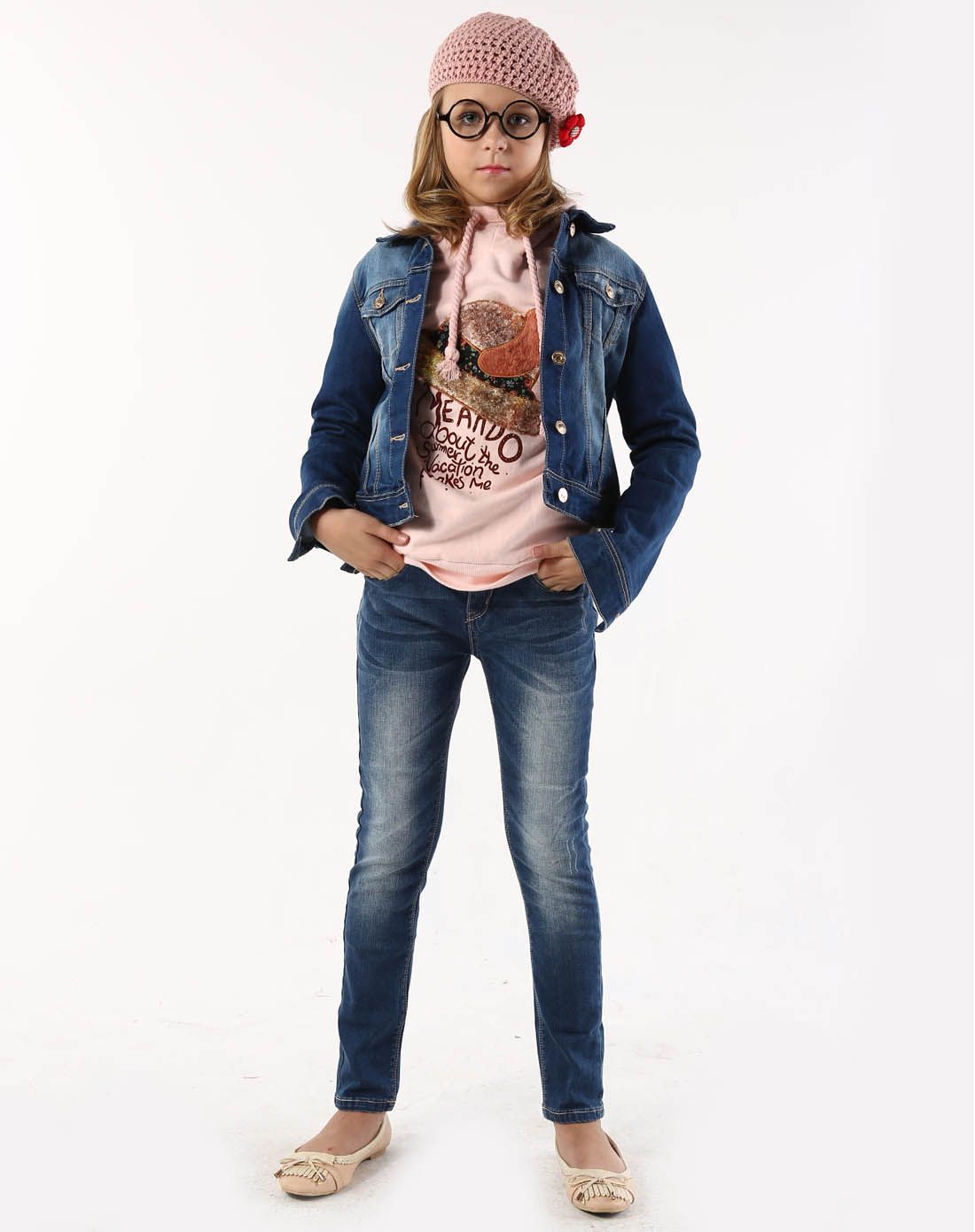 hoo保暖加绒系列服饰专场女童抓破内松紧开口腰牛仔浅蓝牛仔长裤h