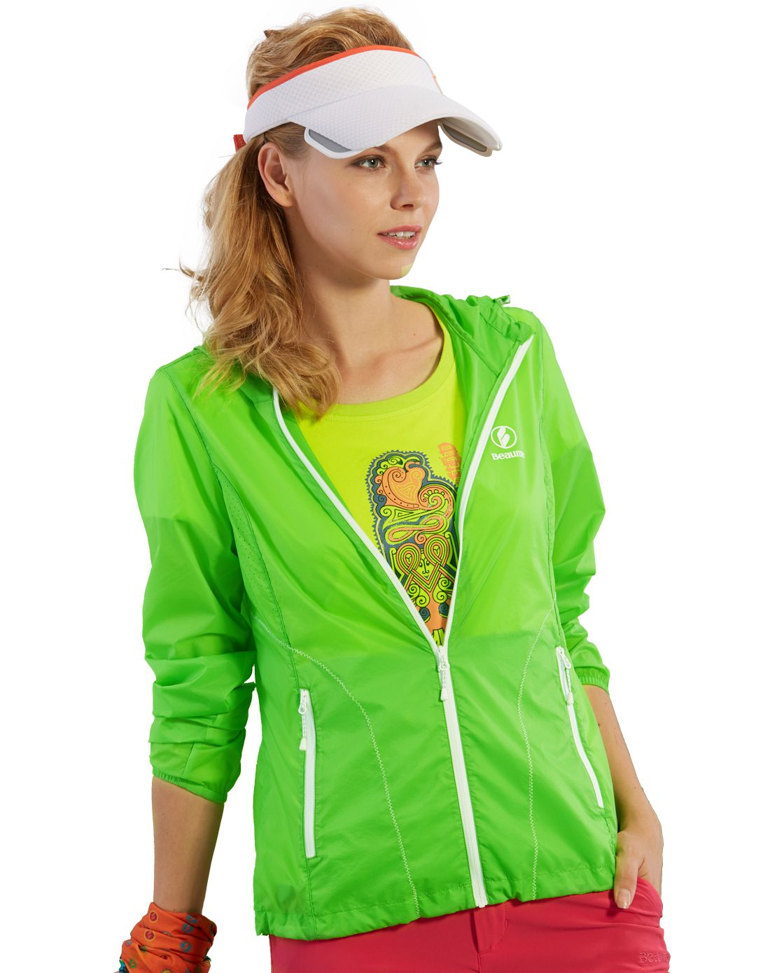 腋下透气 女款亮绿色防晒衣 撞色拉链