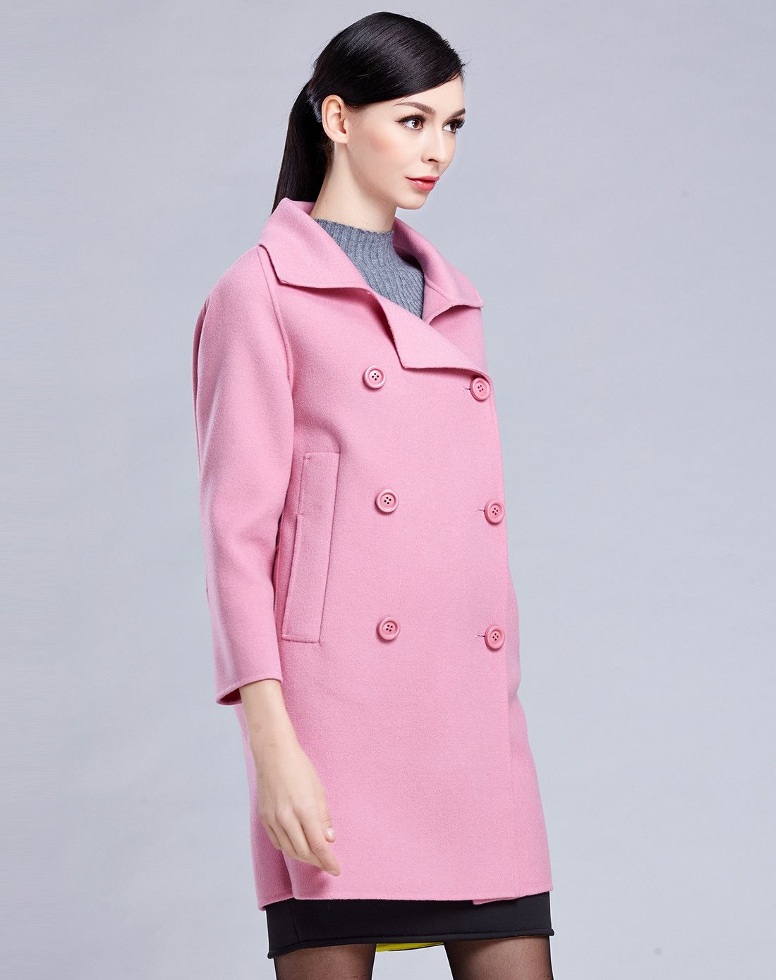 女款桃粉色双排扣双面呢大衣