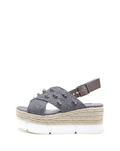 万里马女鞋 胎牛/呢子布金属镶接厚底凉鞋