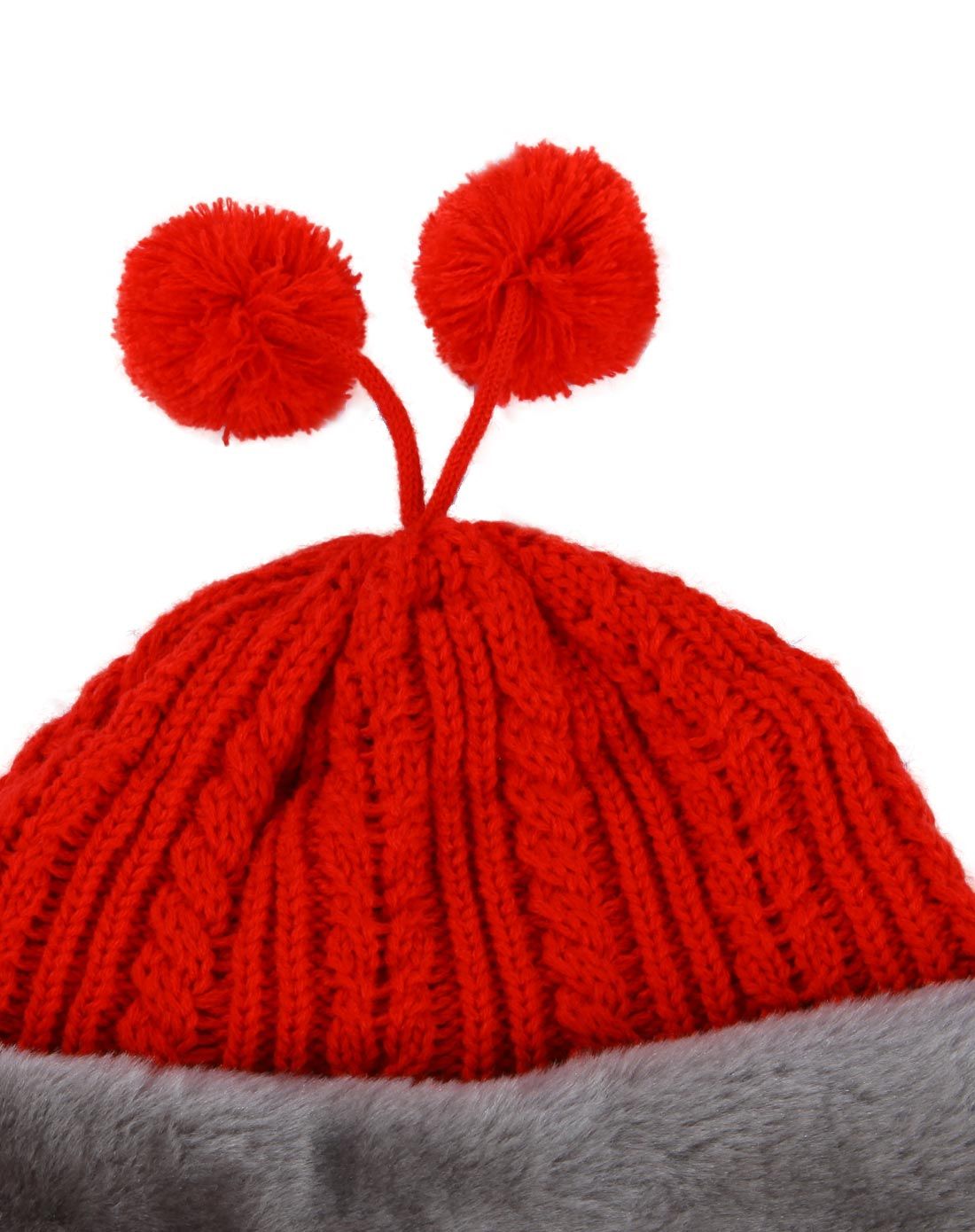 保暖防风 女款红色六片帽 大毛线球