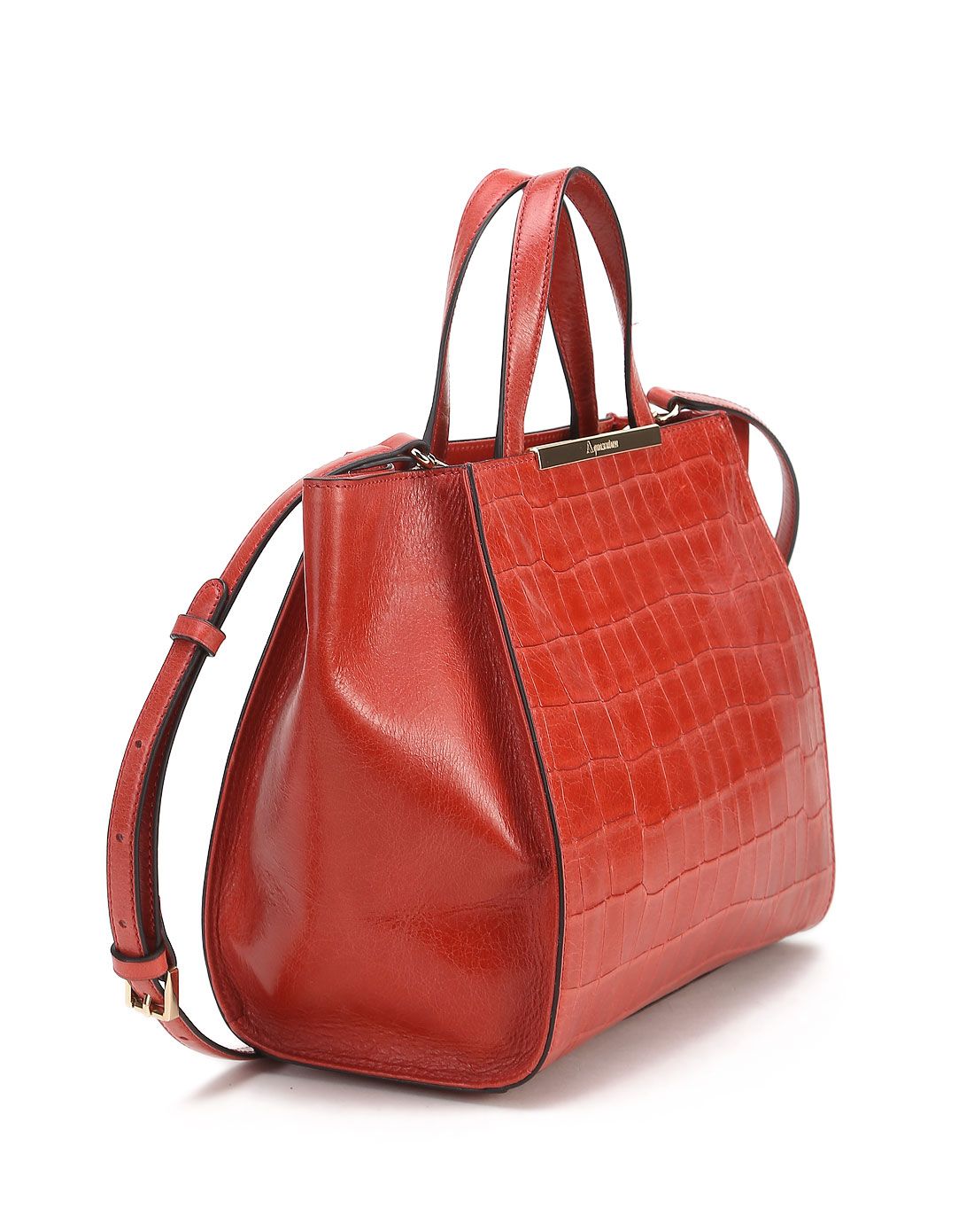 意大利进口女款红色鳄鱼纹简约手提包