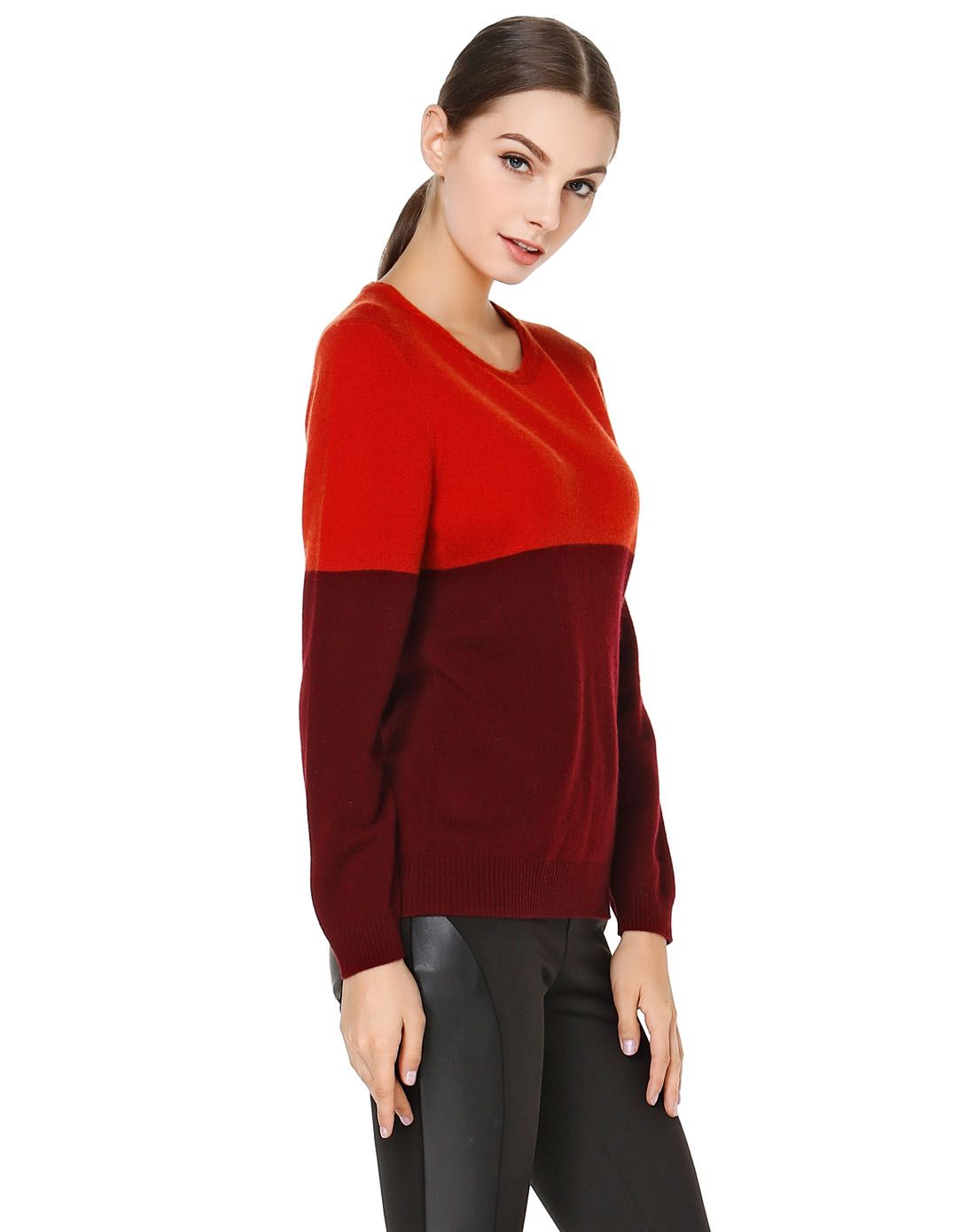 女款红/暗红色圆领淑女长袖针织衫