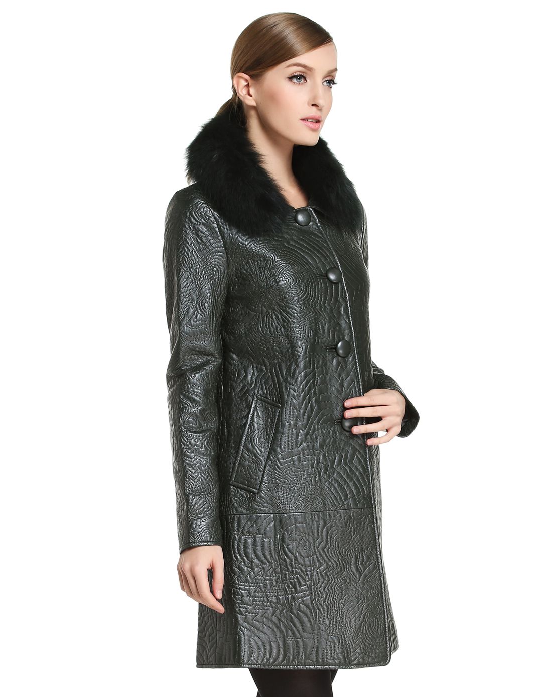 歌力思ellassay女装皮草专场墨绿色优雅高贵长袖长款皮衣e134x040047