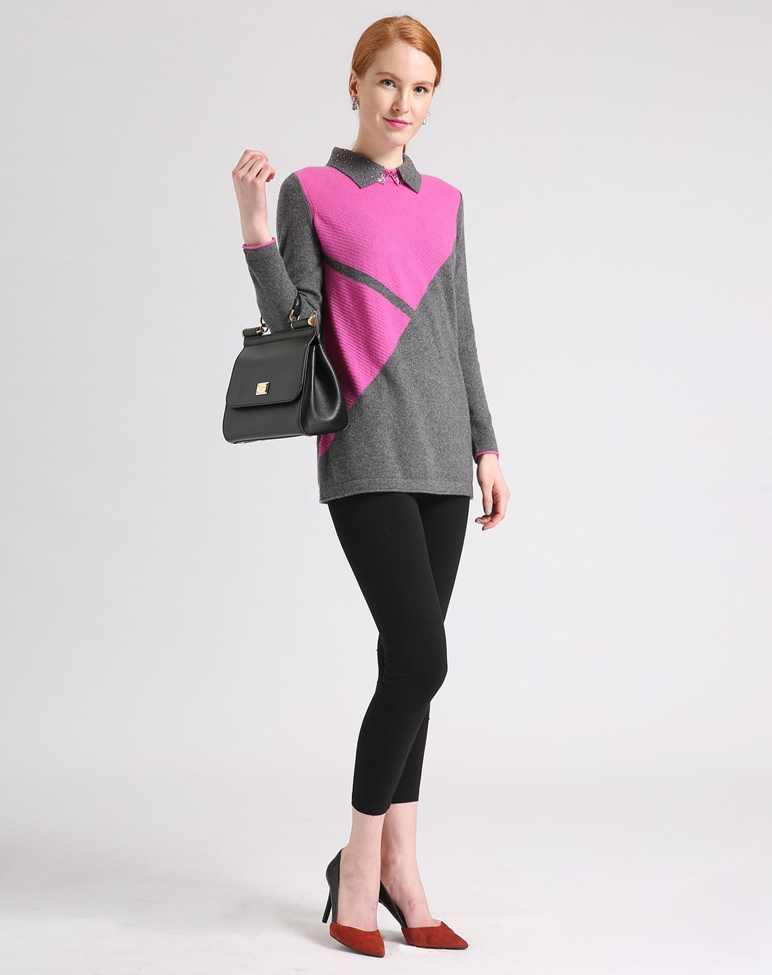 女士灰玫红t恤领女套衫